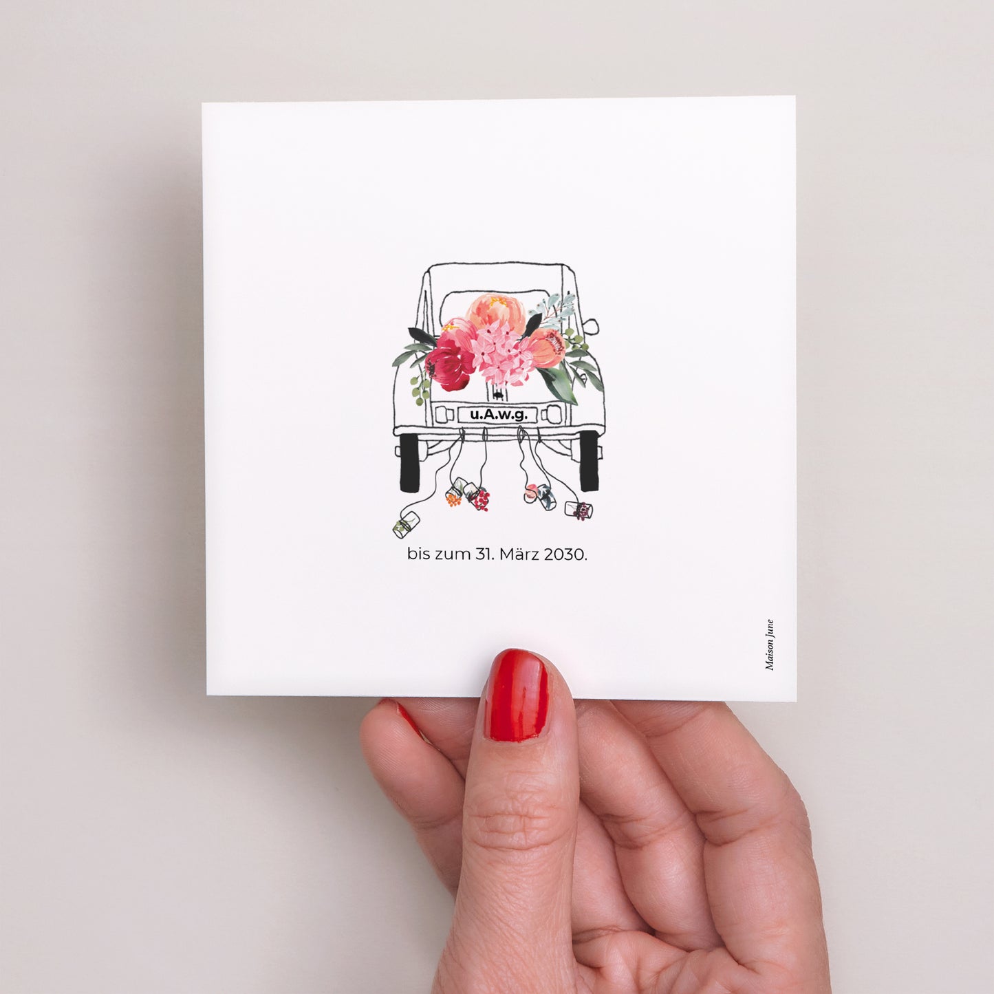 Beilegekarte Hochzeit Quadrat 2CV mit Blumen foto N° 3