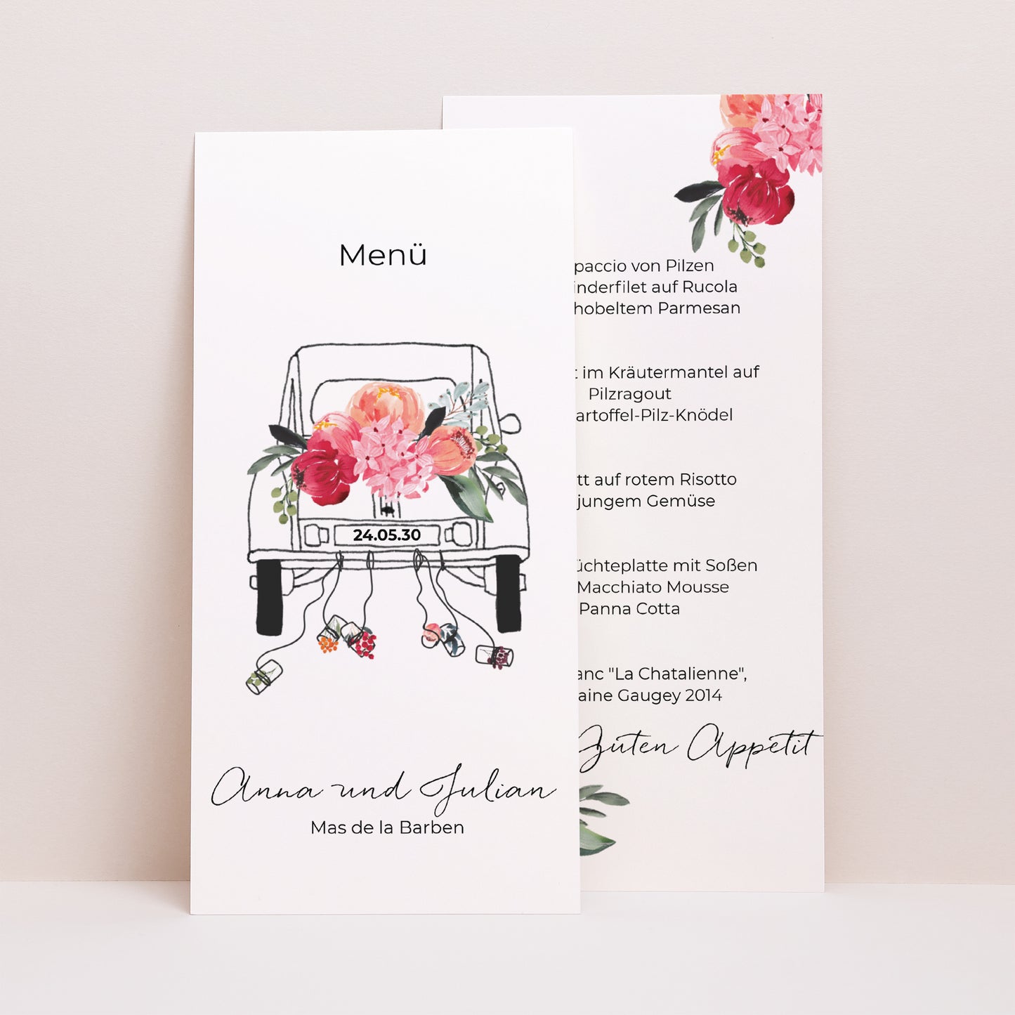 Menükarte Hochzeit Panoramatisches Porträt 2CV mit Blumen foto N° 1