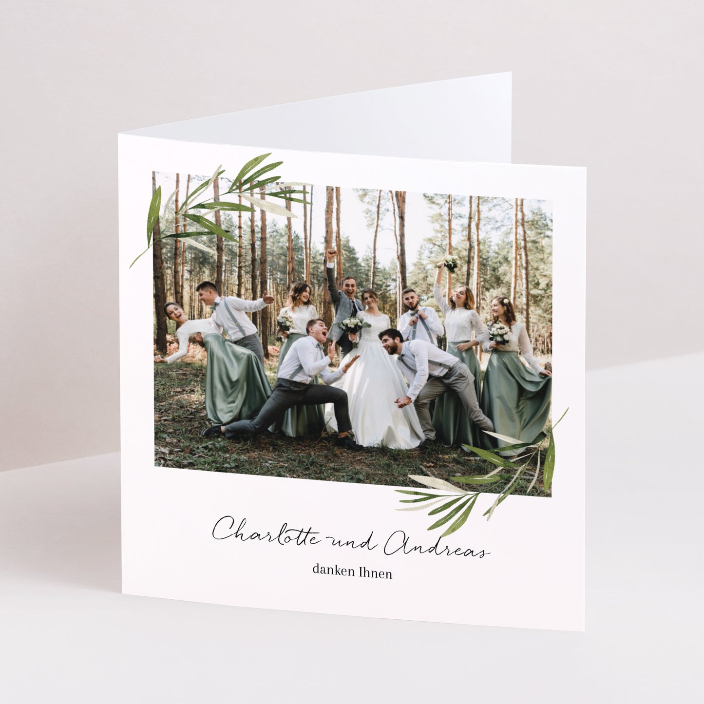 Dankeskarte Hochzeit Doppelflügiges Quadrat Olivenzweig III foto N° 1