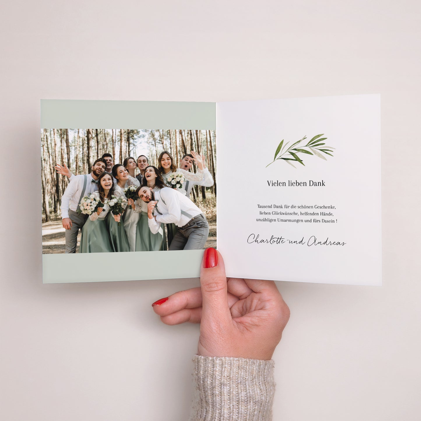 Dankeskarte Hochzeit Doppelflügiges Quadrat Olivenzweig III foto N° 2