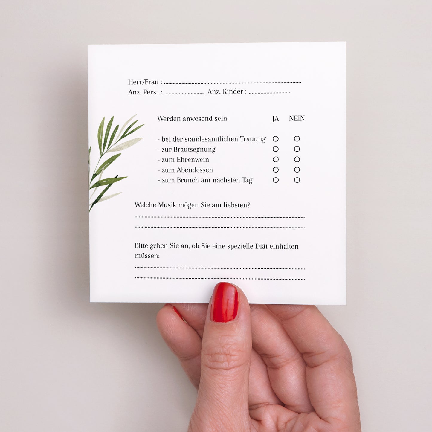 Antwortkarte Hochzeit Quadrat Olivenzweig III foto N° 3