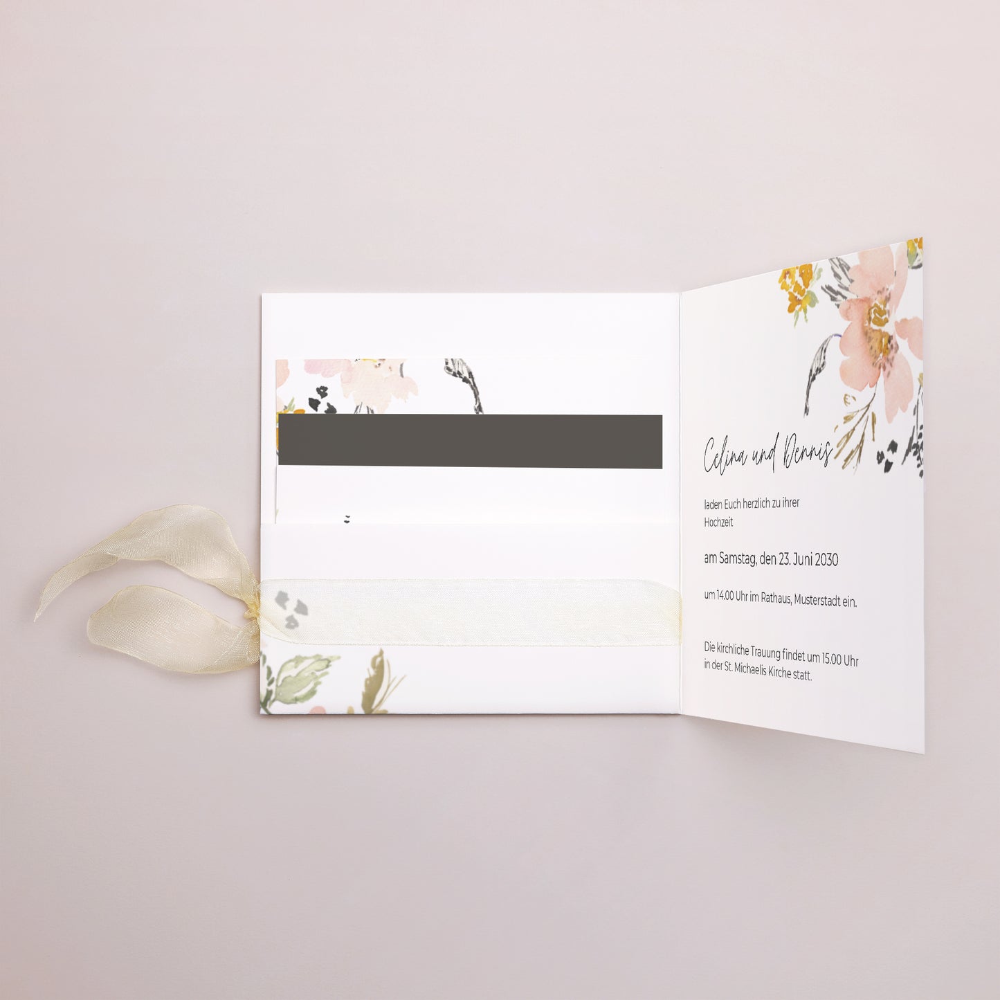 Einladungskarte Hochzeit Quadratische Hülle, 3 Karten, Etikett Blumen Pop II foto N° 2