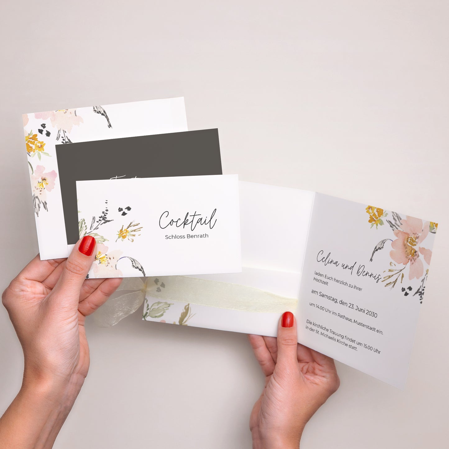 Einladungskarte Hochzeit Quadratische Hülle, 3 Karten, Etikett Blumen Pop II foto N° 3