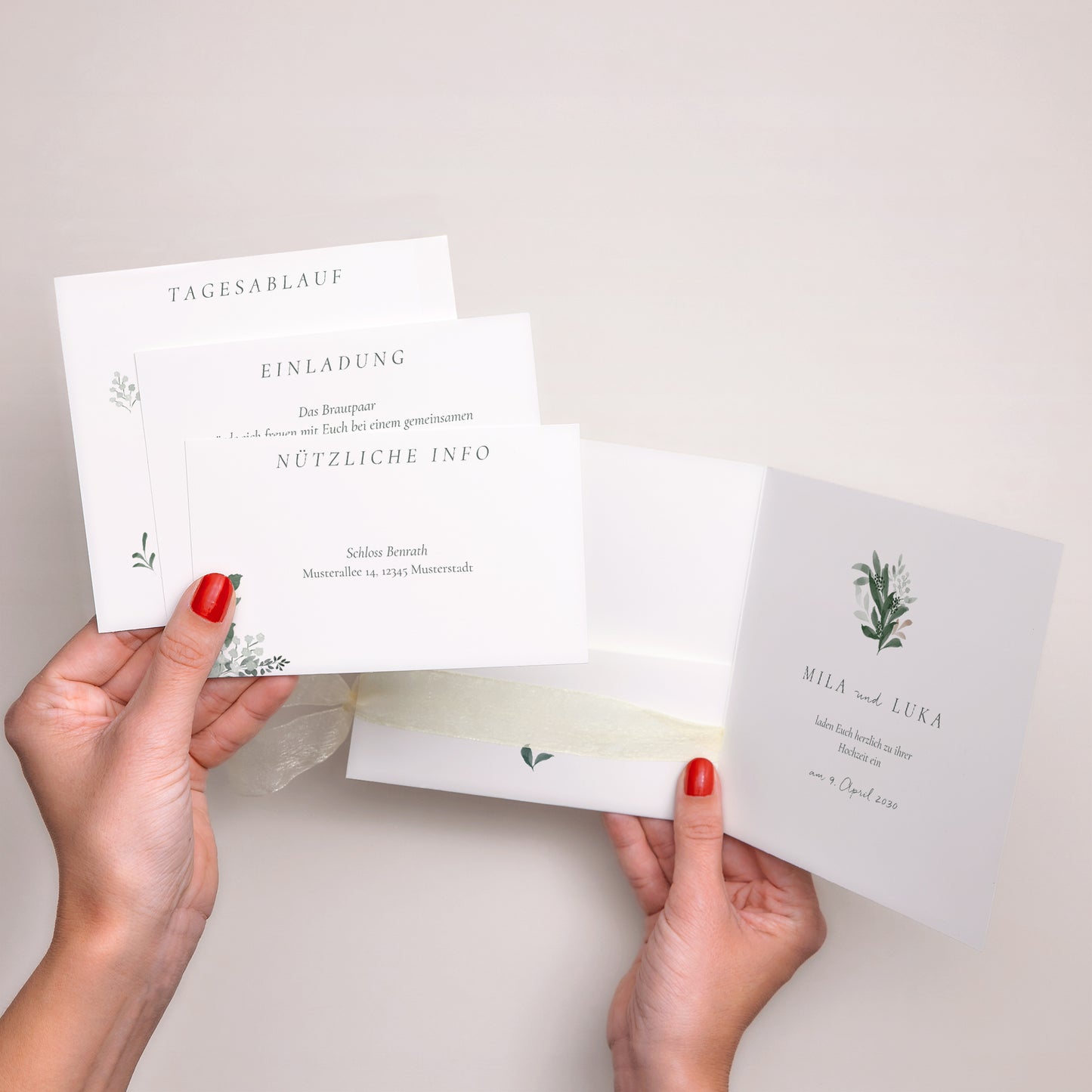 Hochzeitseinladung Quadratische Hülle, 3 Karten, Etikett Pflanzenkranz foto N° 3