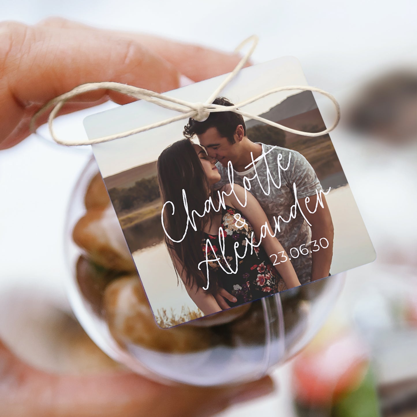 Geschenkbox Hochzeit Kugel mit quadratischem Etikett für immer foto N° 1