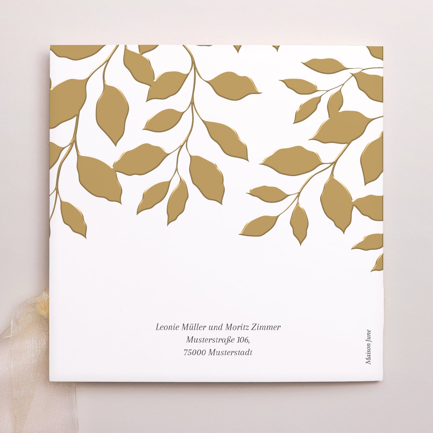 Hochzeitseinladung Quadratische Hülle, 3 Karten, Etikett goldenes Laub foto N° 4