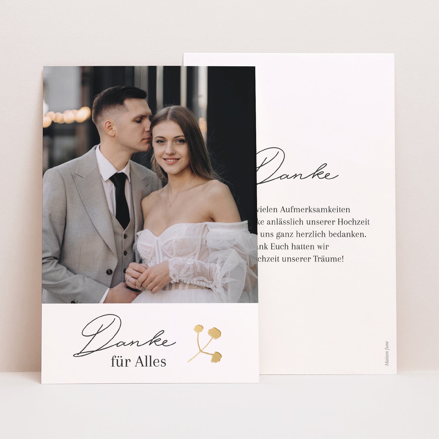 Dankeskarte Hochzeit PortraitPorträt Goldkranz Gypsophila foto N° 1