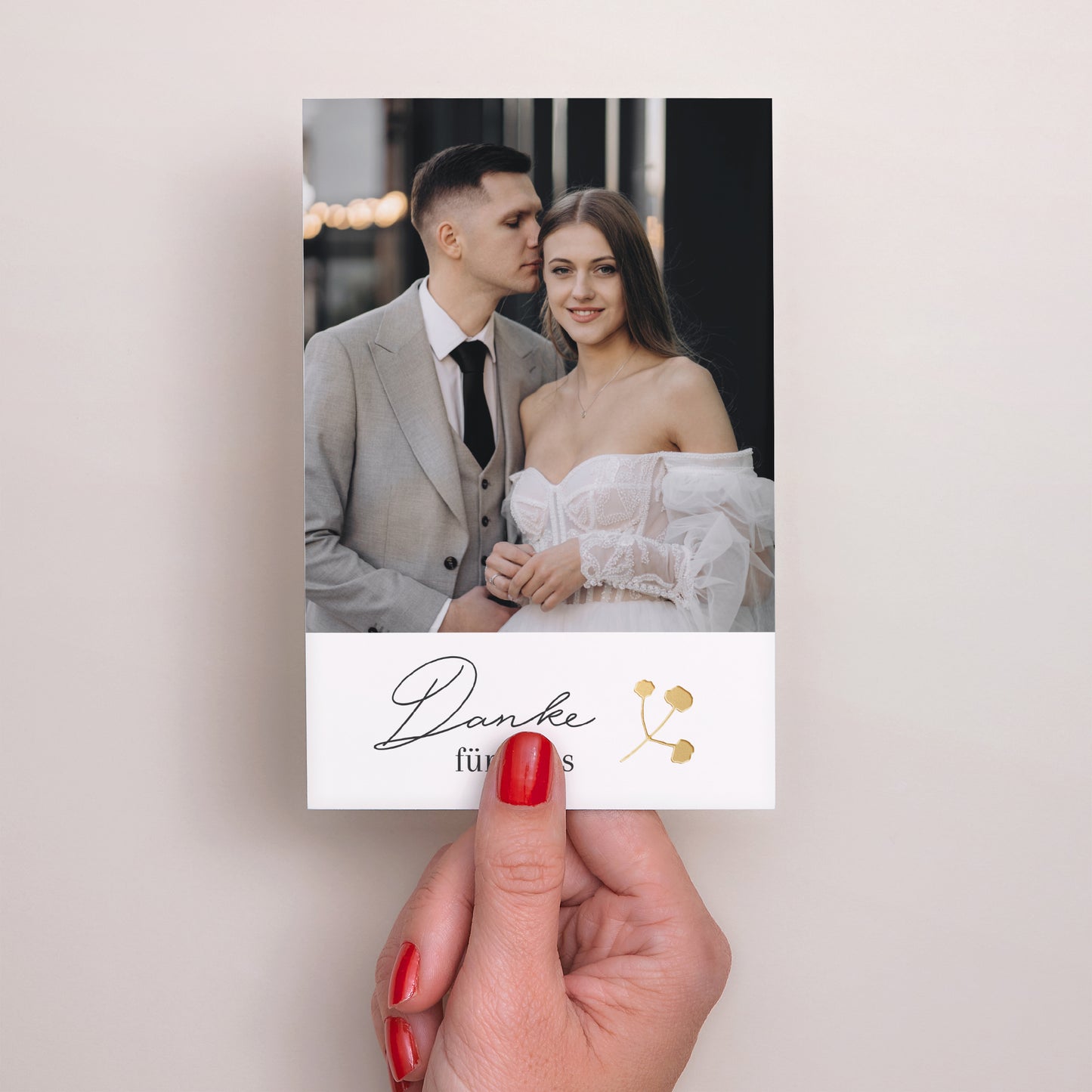Dankeskarte Hochzeit PortraitPorträt Goldkranz Gypsophila foto N° 2