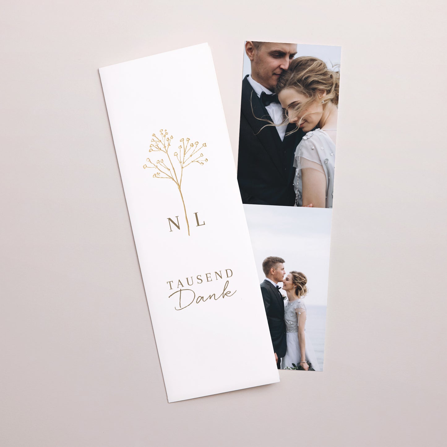 Dankeskarte Hochzeit Fotoautomaten Lesezeichen Elegante Gipskraut foto N° 1