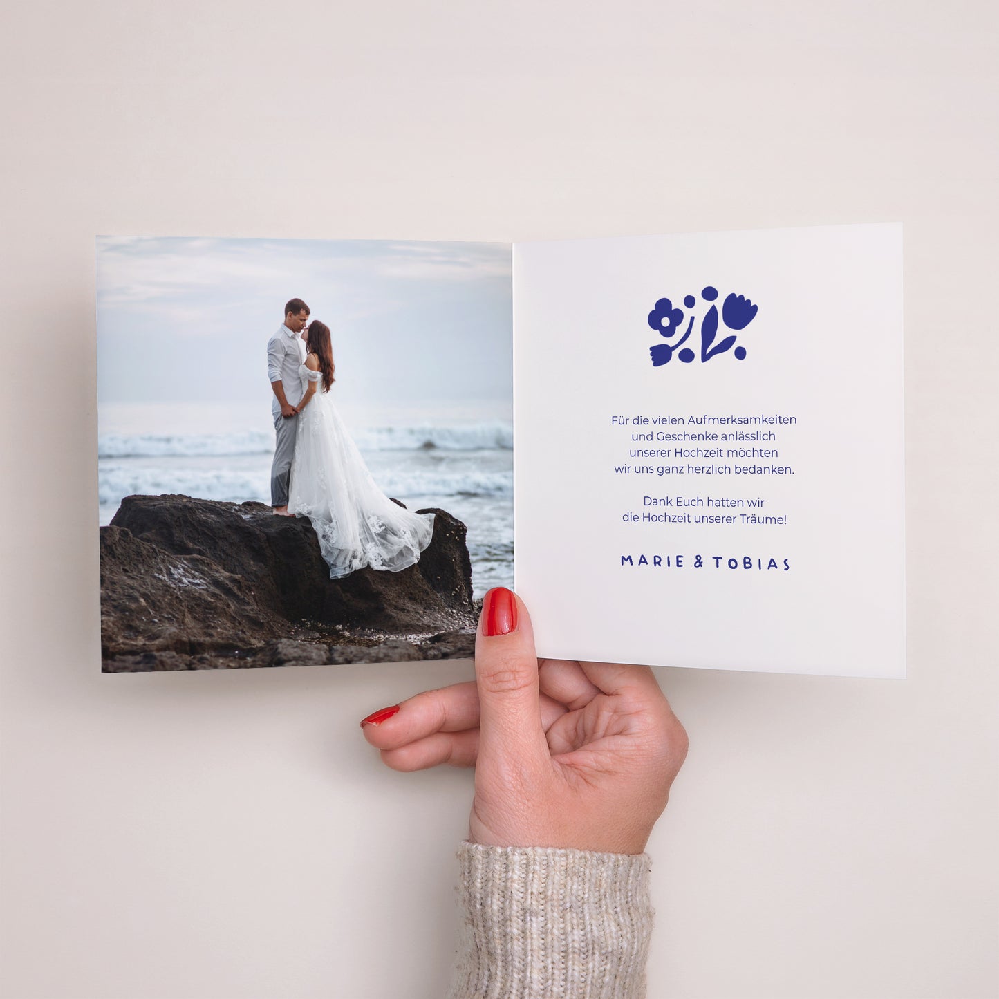 Dankeskarte Hochzeit Doppelflügiges Quadrat Blau Majorelle foto N° 2