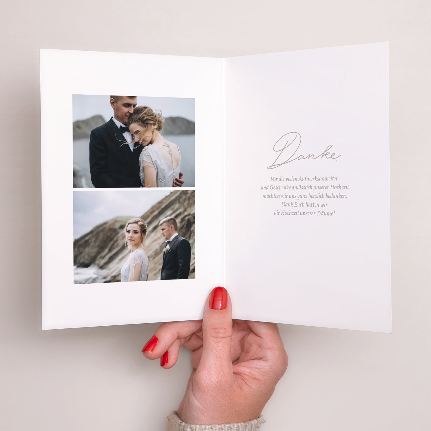 Dankeskarte Hochzeit Doppelflügelporträt Typo-Skript Foto II foto N° 2