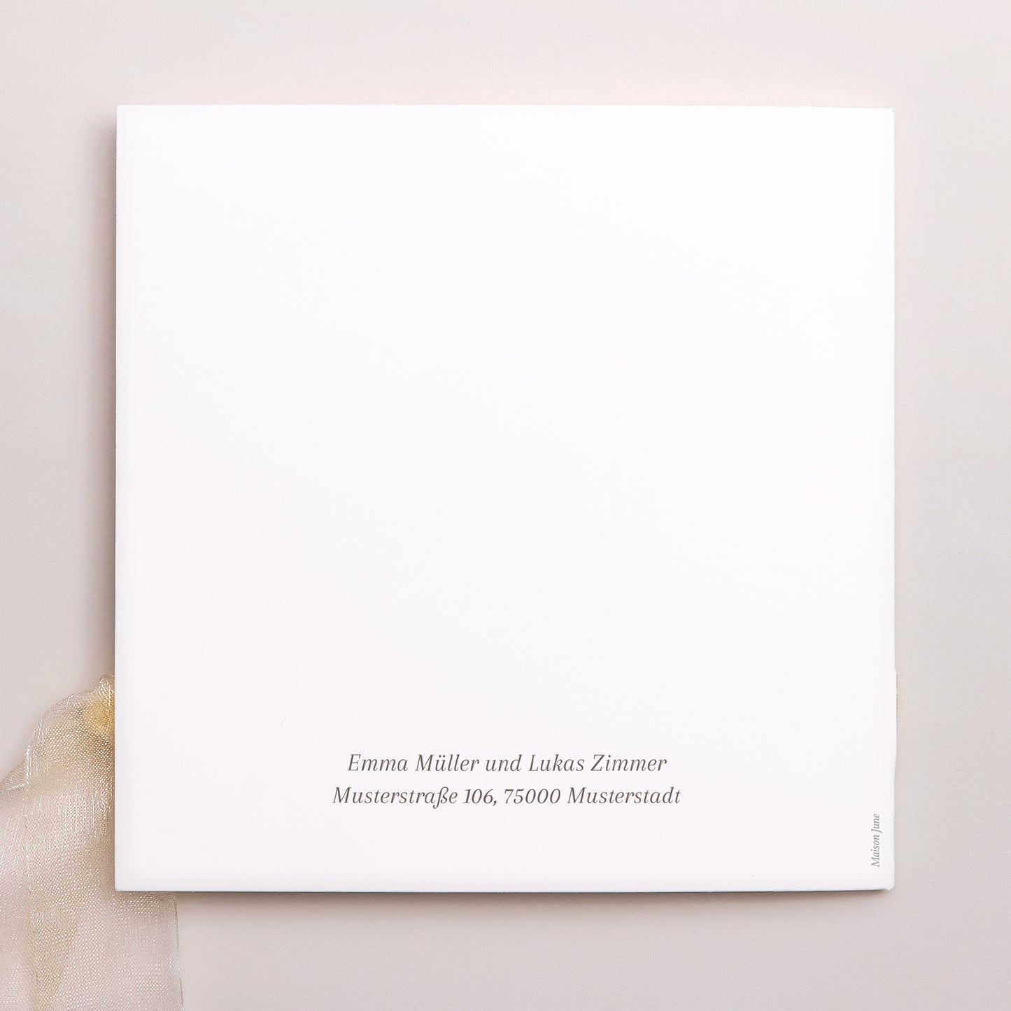 Hochzeitseinladung Quadratische Hülle, 3 Karten, Etikett Kurven auf beigem Grund foto N° 4