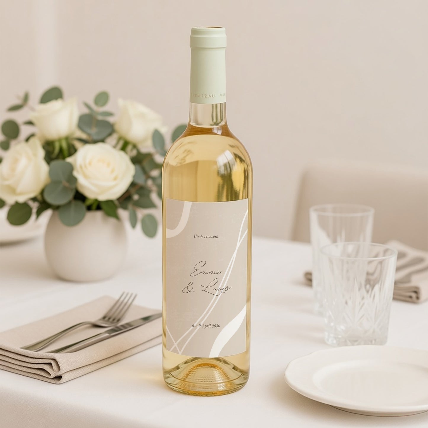 Flaschenetikett Hochzeit Porträt Kurven auf beigem Grund foto N° 2