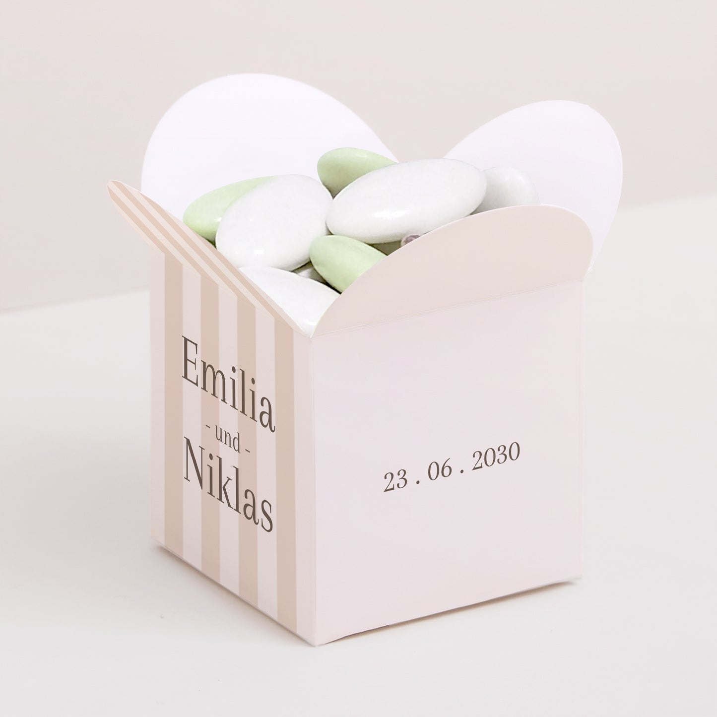 Geschenkbox Hochzeit Schmetterlingsöffnung Beige Streifen foto N° 1