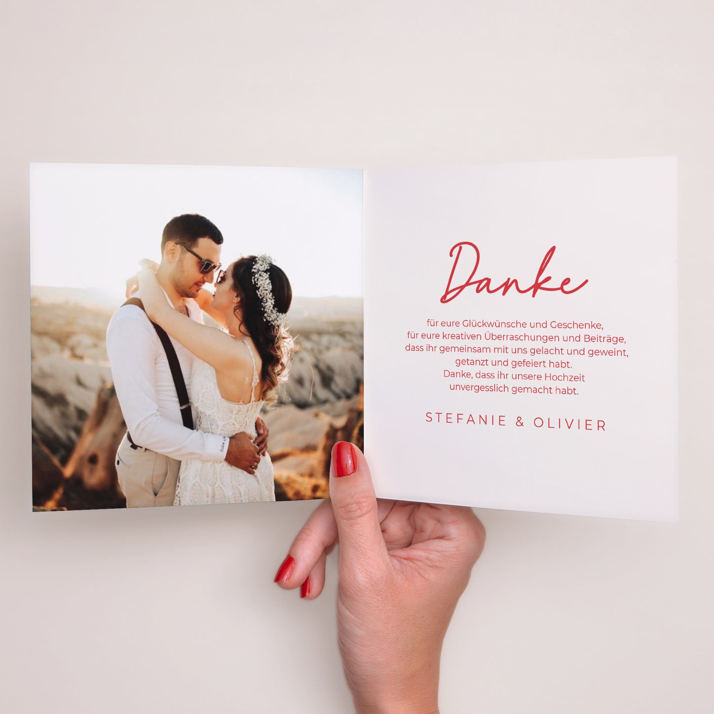 Dankeskarte Hochzeit Doppelflügelfenster Rot & Creme II foto N° 2