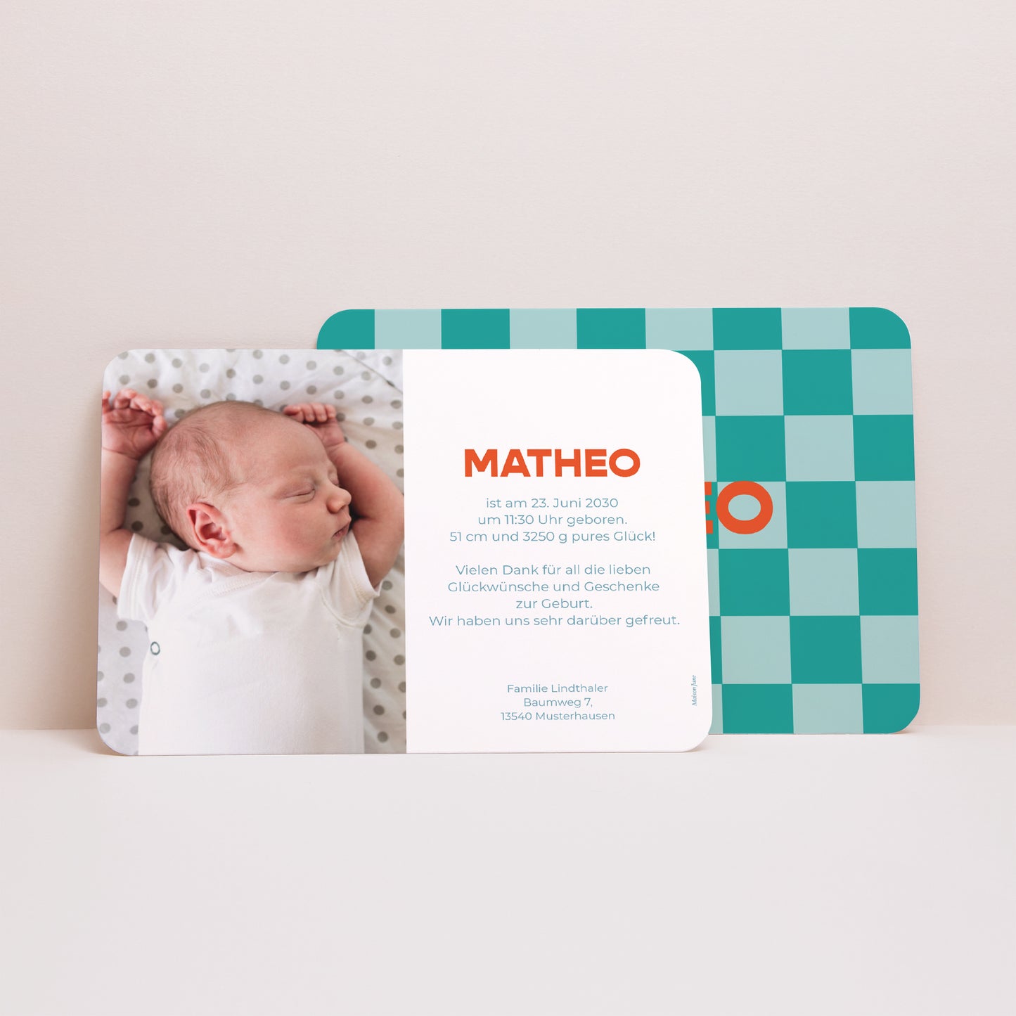 Geburtskarten Landschaft, abgerundete Ränder Schachbrett türkis foto N° 3