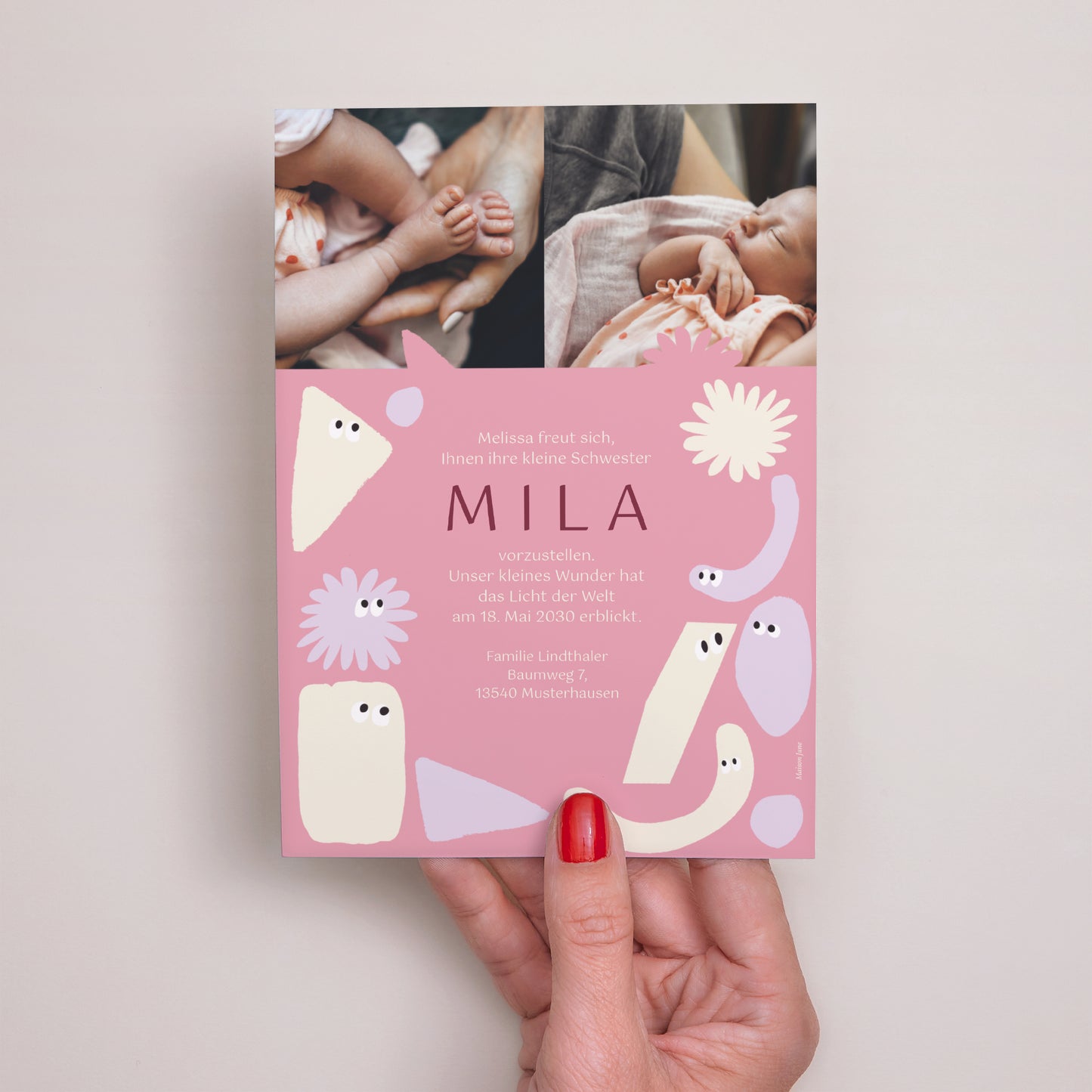 Geburtskarte Lustige Kleckse Rosa foto N° 3