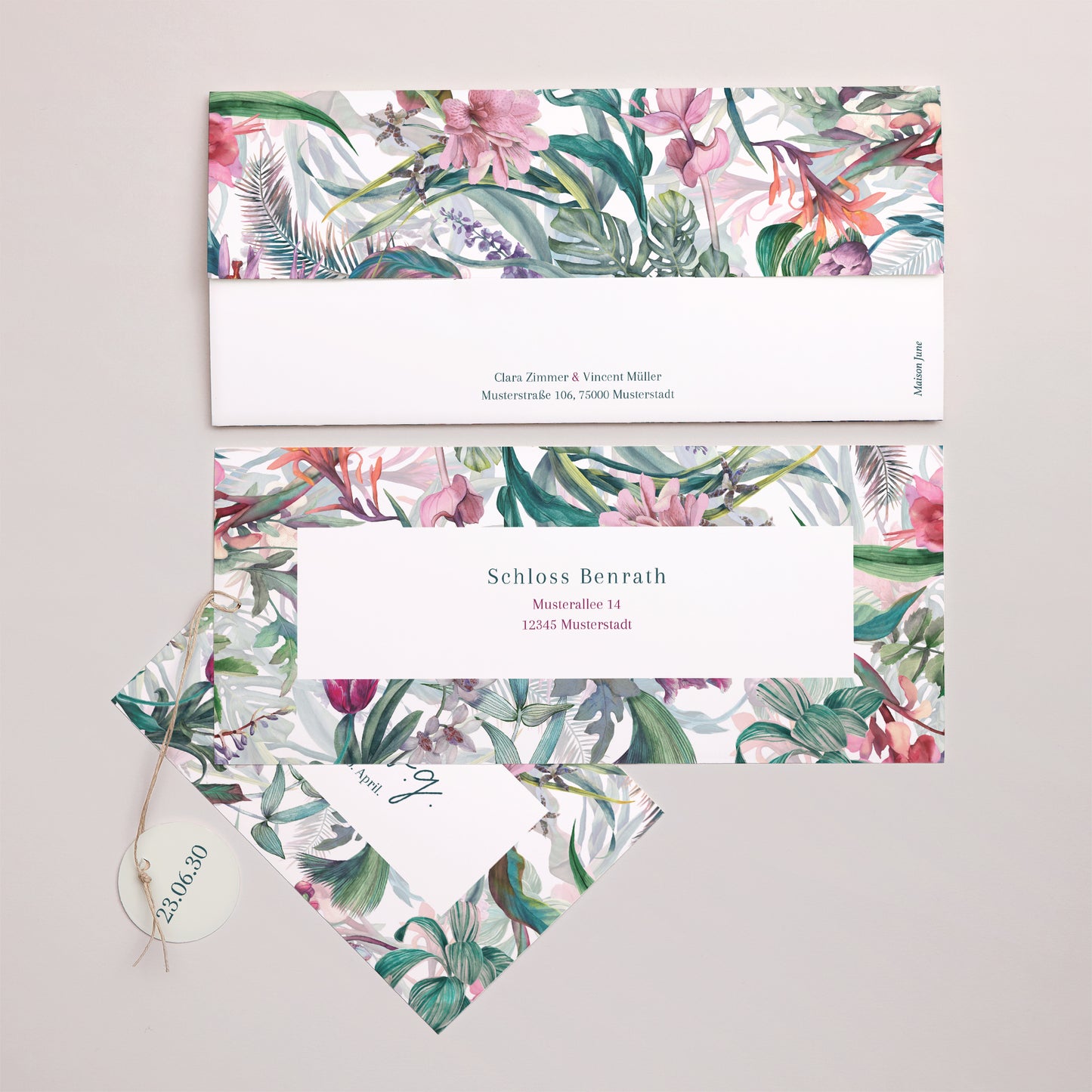 Hochzeitseinladung Mappe 2 Karten, Etikett Exotic flowers foto N° 4