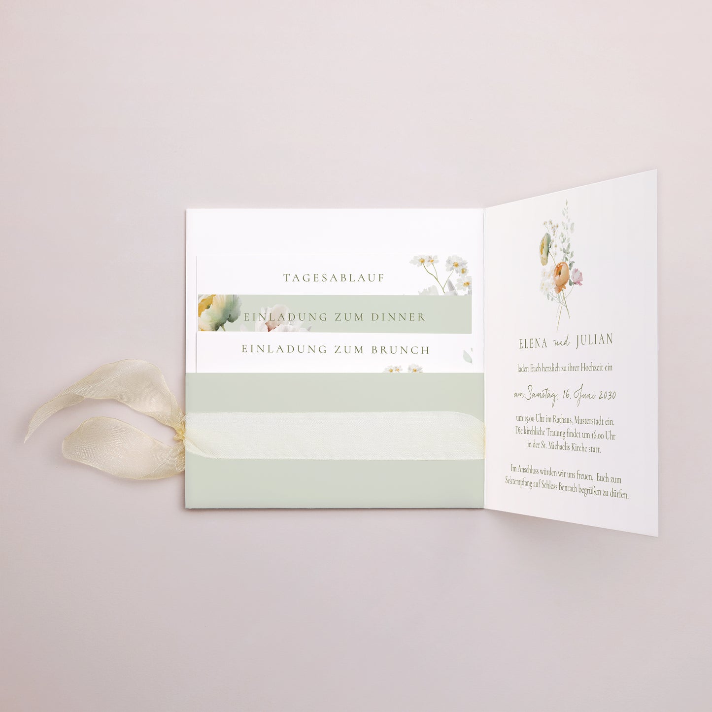 Hochzeitseinladung Quadratische Hülle, 3 Karten, Etikett Romantische Blumen foto N° 2