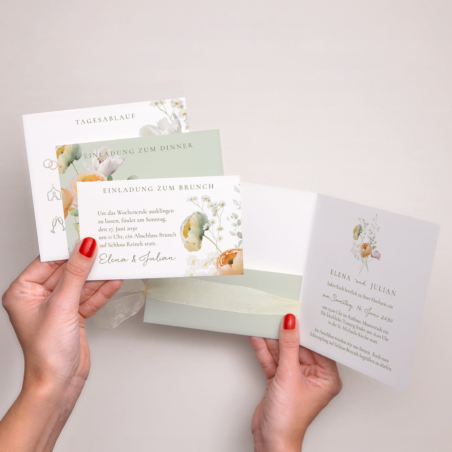 Hochzeitseinladung Quadratische Hülle, 3 Karten, Etikett Romantische Blumen foto N° 3