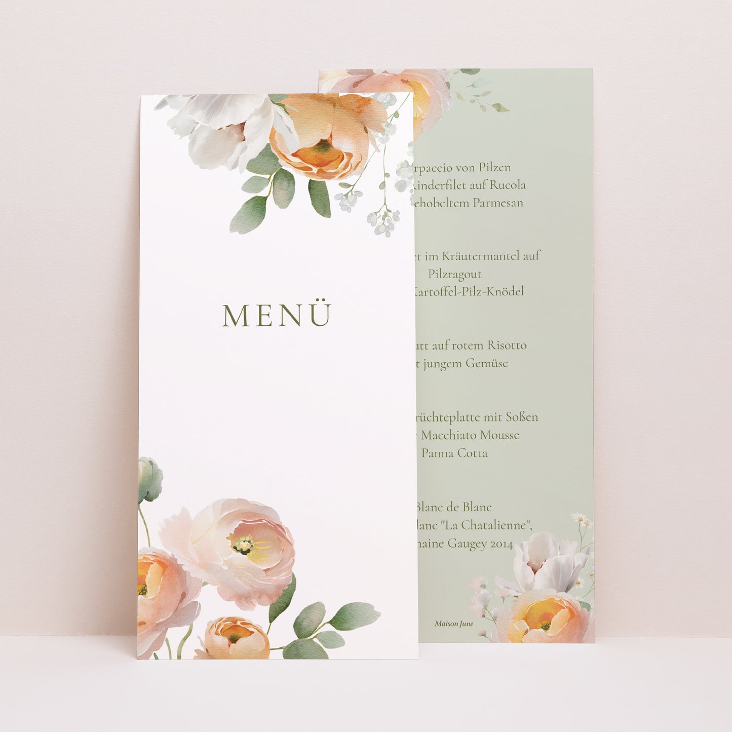 Menükarte Hochzeit Panoramatisches Porträt Romantische Blumen foto N° 1