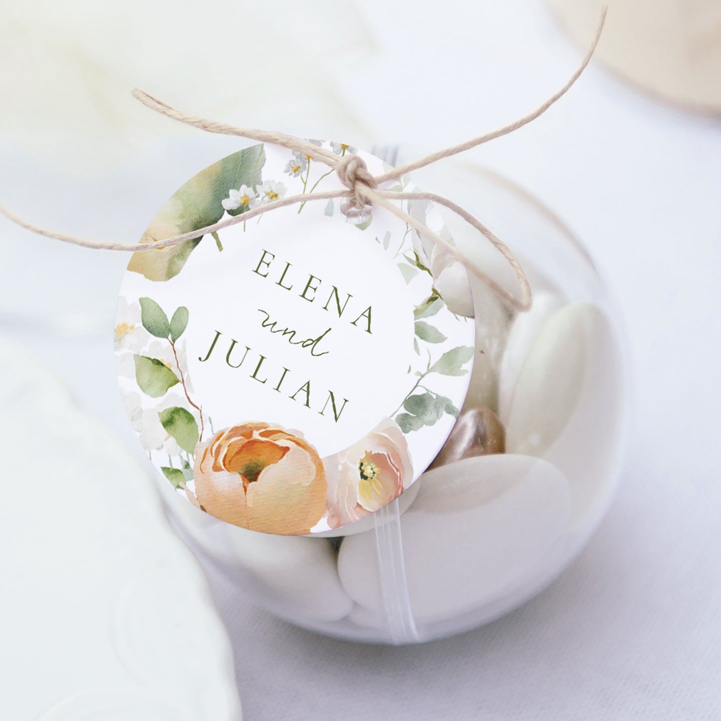 Geschenkbox Hochzeit Kugel mit runder Etikette Romantische Blumen foto N° 1