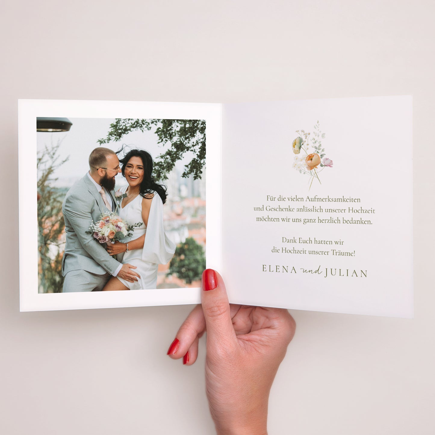 Dankeskarte Hochzeit Doppelflügelfenster Romantische Blumen foto N° 2