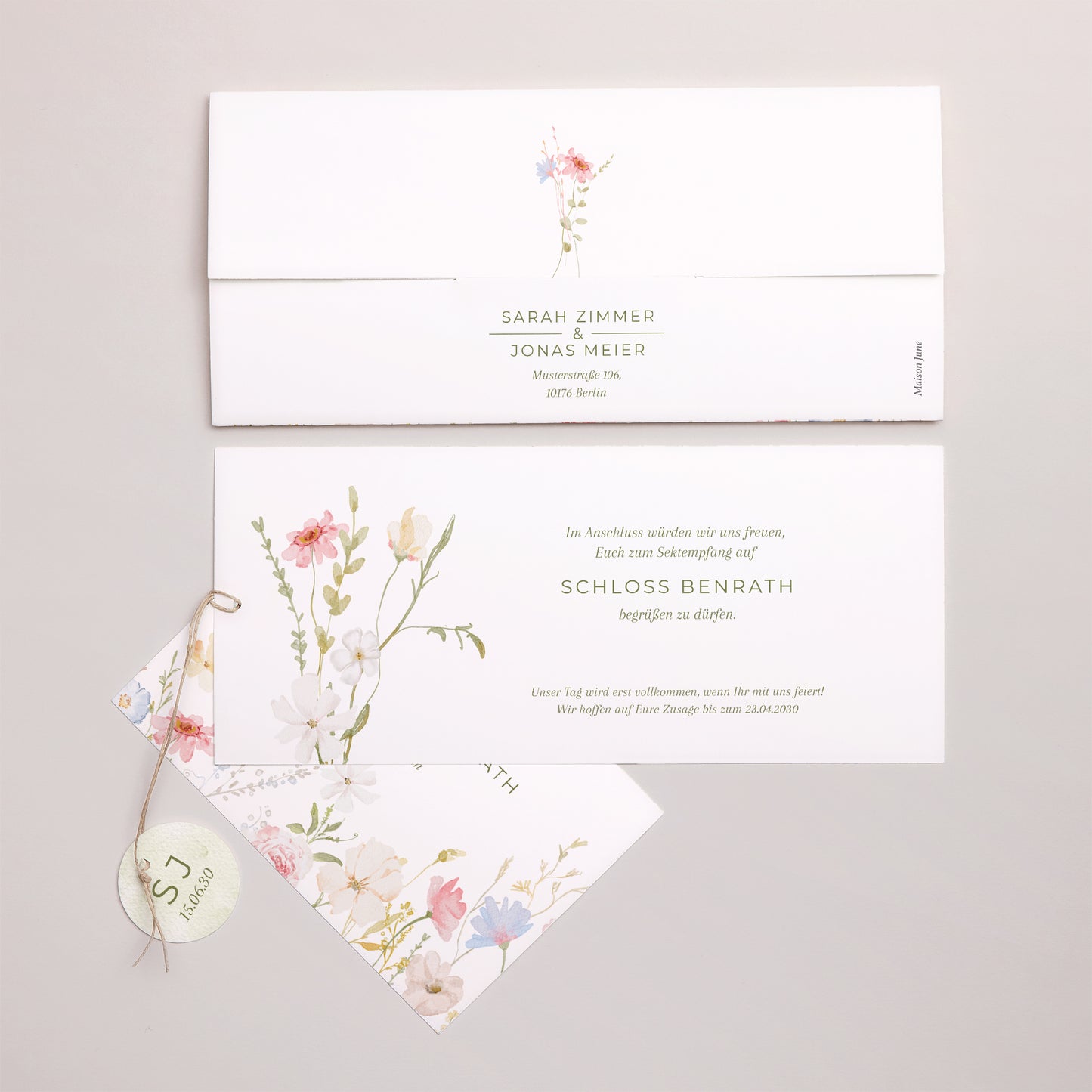 Hochzeitseinladung Mappe 2 Karten, Etikett Wildblumenkranz foto N° 4