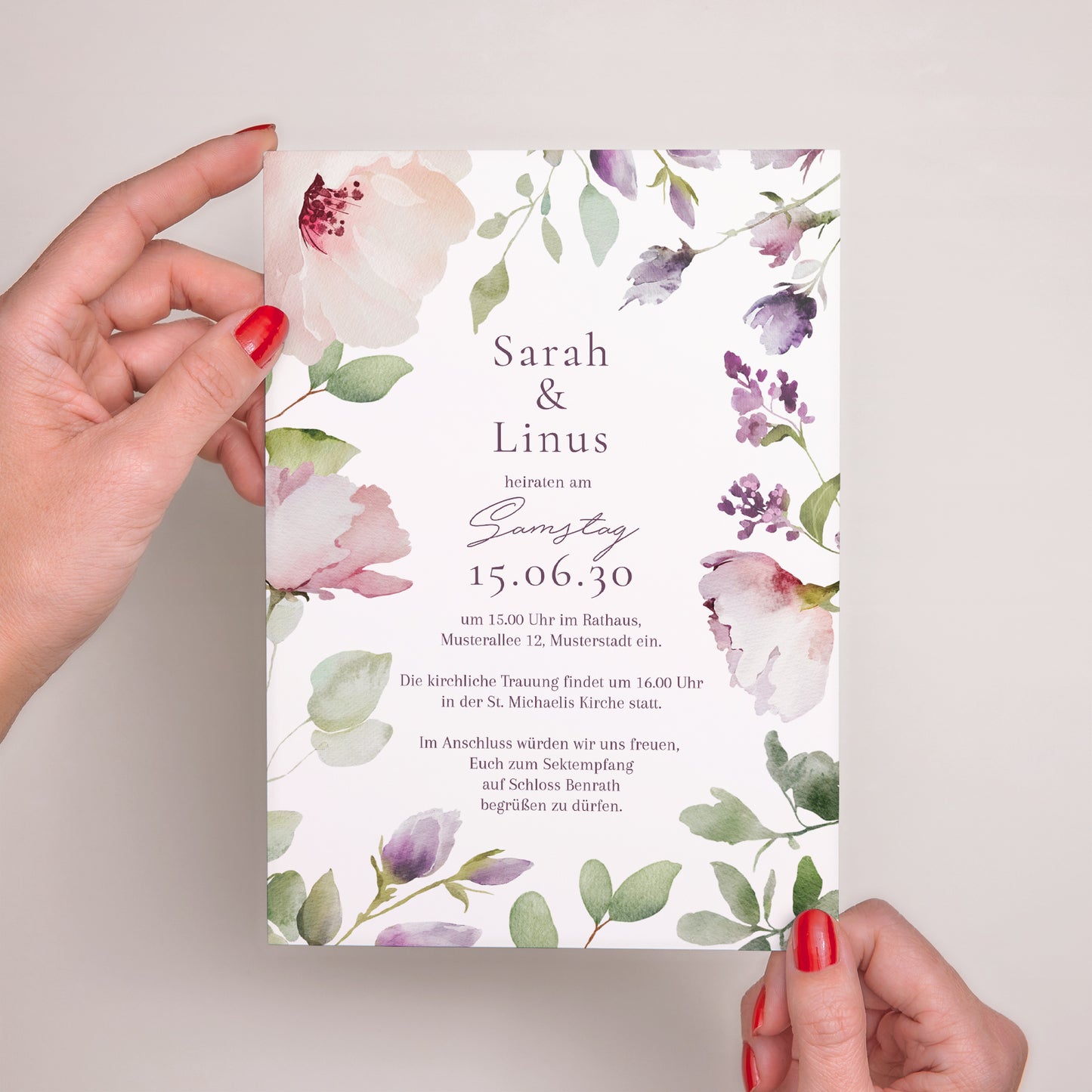 Hochzeitseinladung Porträt Romantic purple flowers foto N° 2