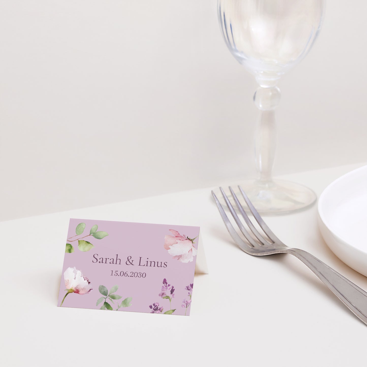 Tischkarten Hochzeit Quer Romantic purple flowers foto N° 2