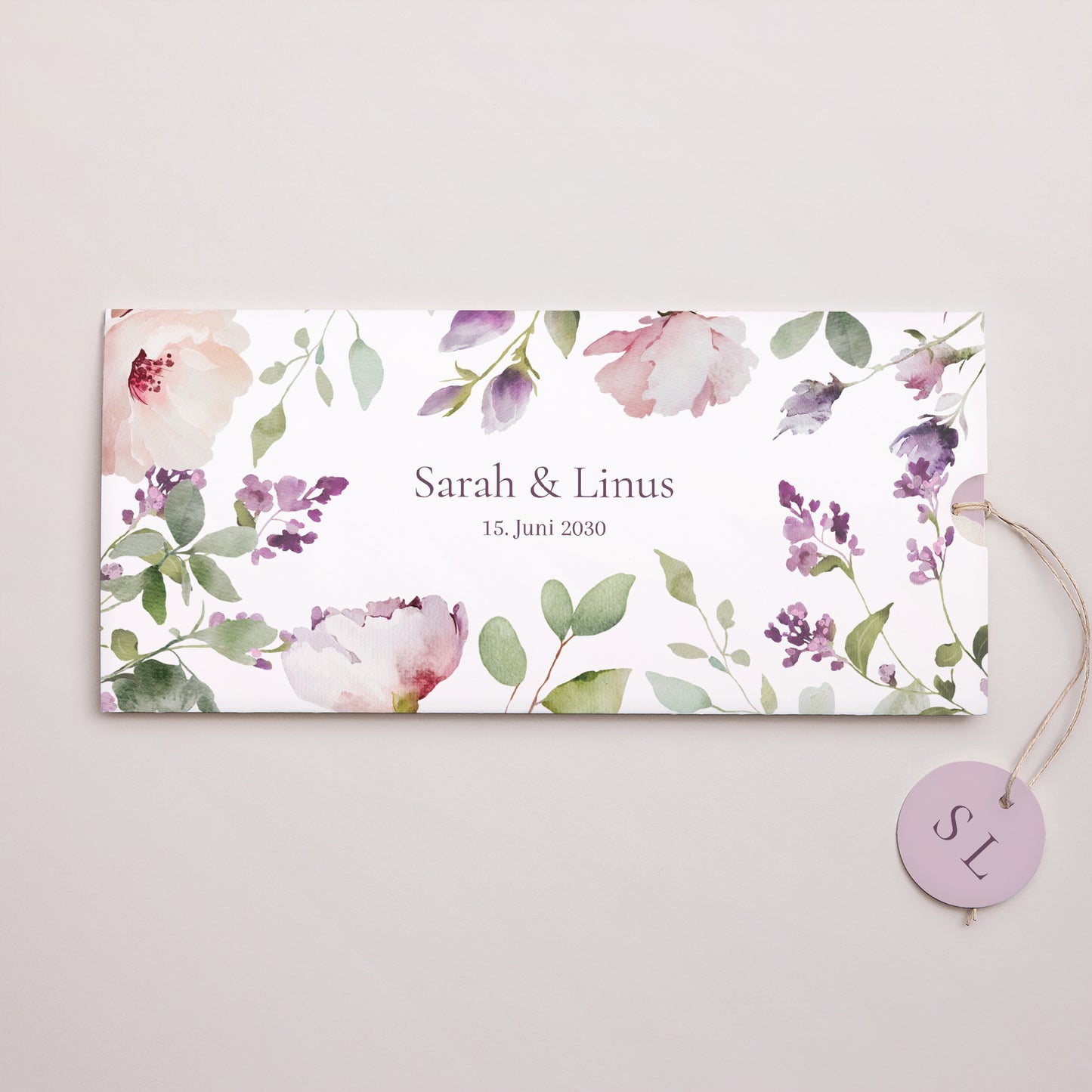 Hochzeitseinladung Mappe 2 Karten, Etikett Romantic purple flowers foto N° 1