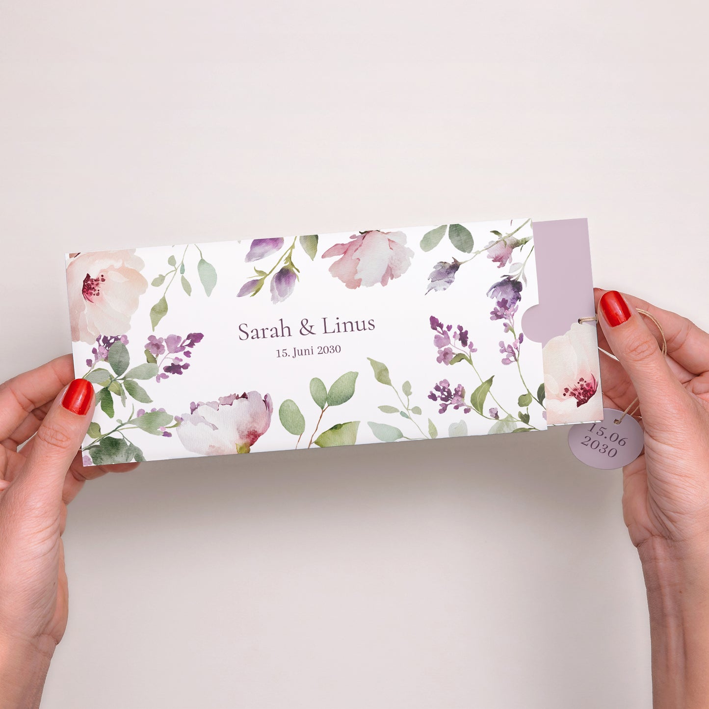 Hochzeitseinladung Mappe 2 Karten, Etikett Romantic purple flowers foto N° 2