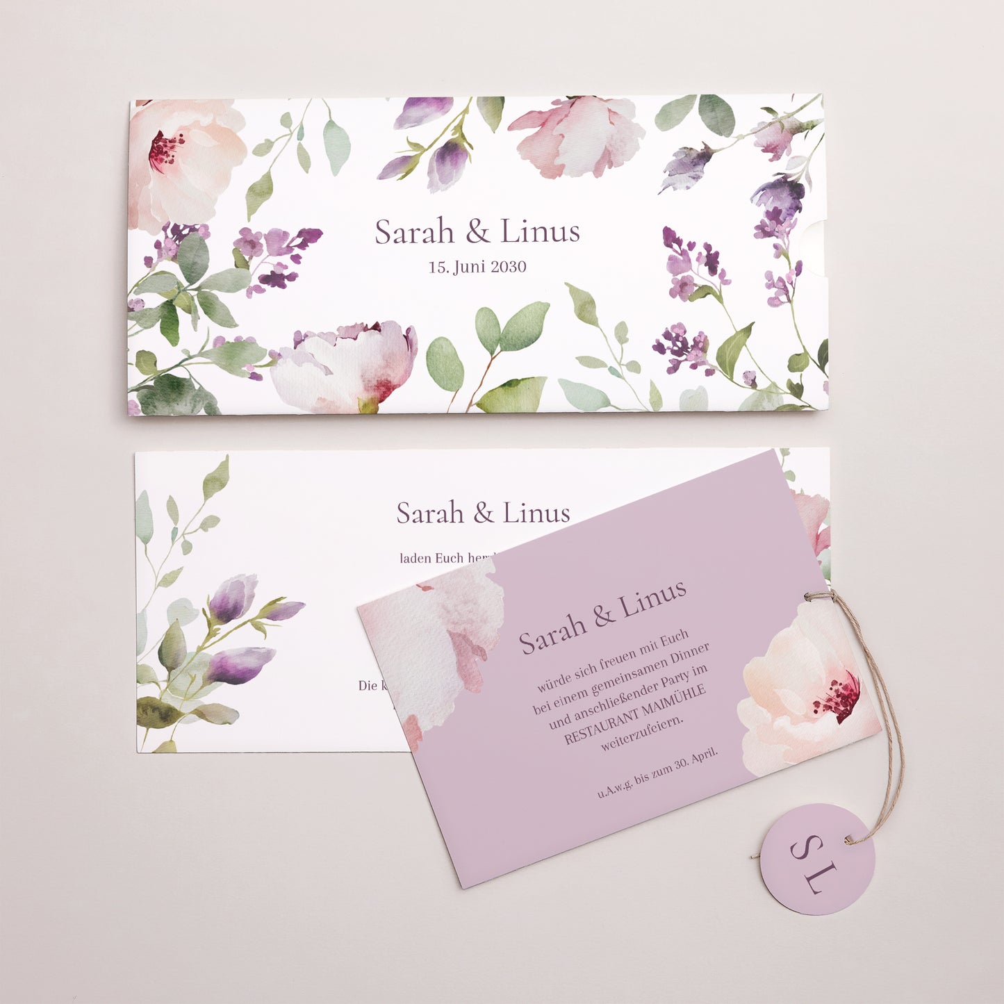 Hochzeitseinladung Mappe 2 Karten, Etikett Romantic purple flowers foto N° 3