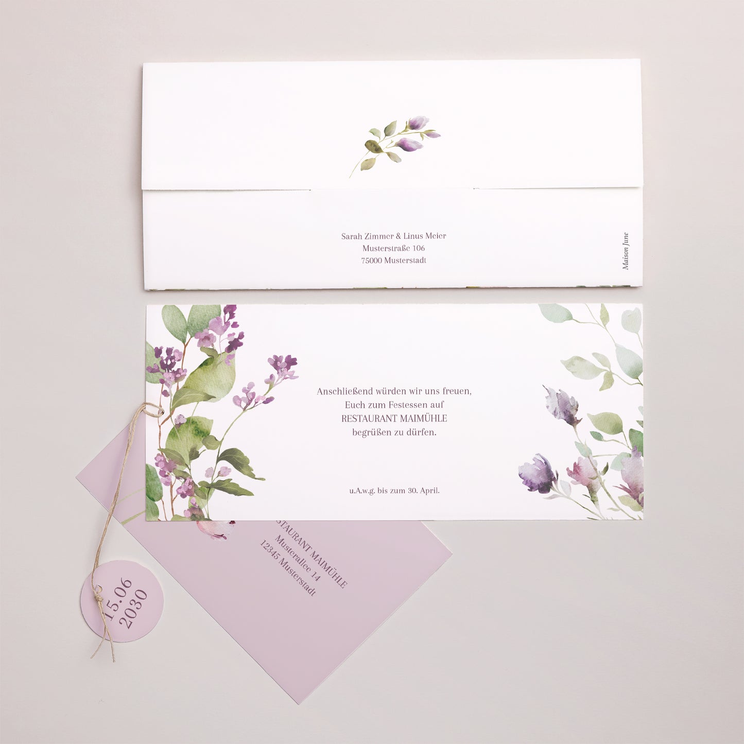 Hochzeitseinladung Mappe 2 Karten, Etikett Romantic purple flowers foto N° 4