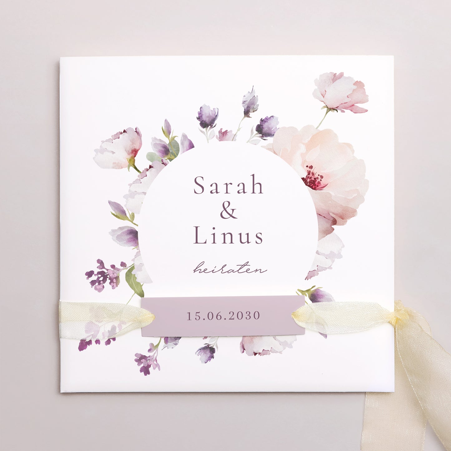 Hochzeitseinladung Quadratische Hülle, 3 Karten, Etikett Romantic purple flowers foto N° 1