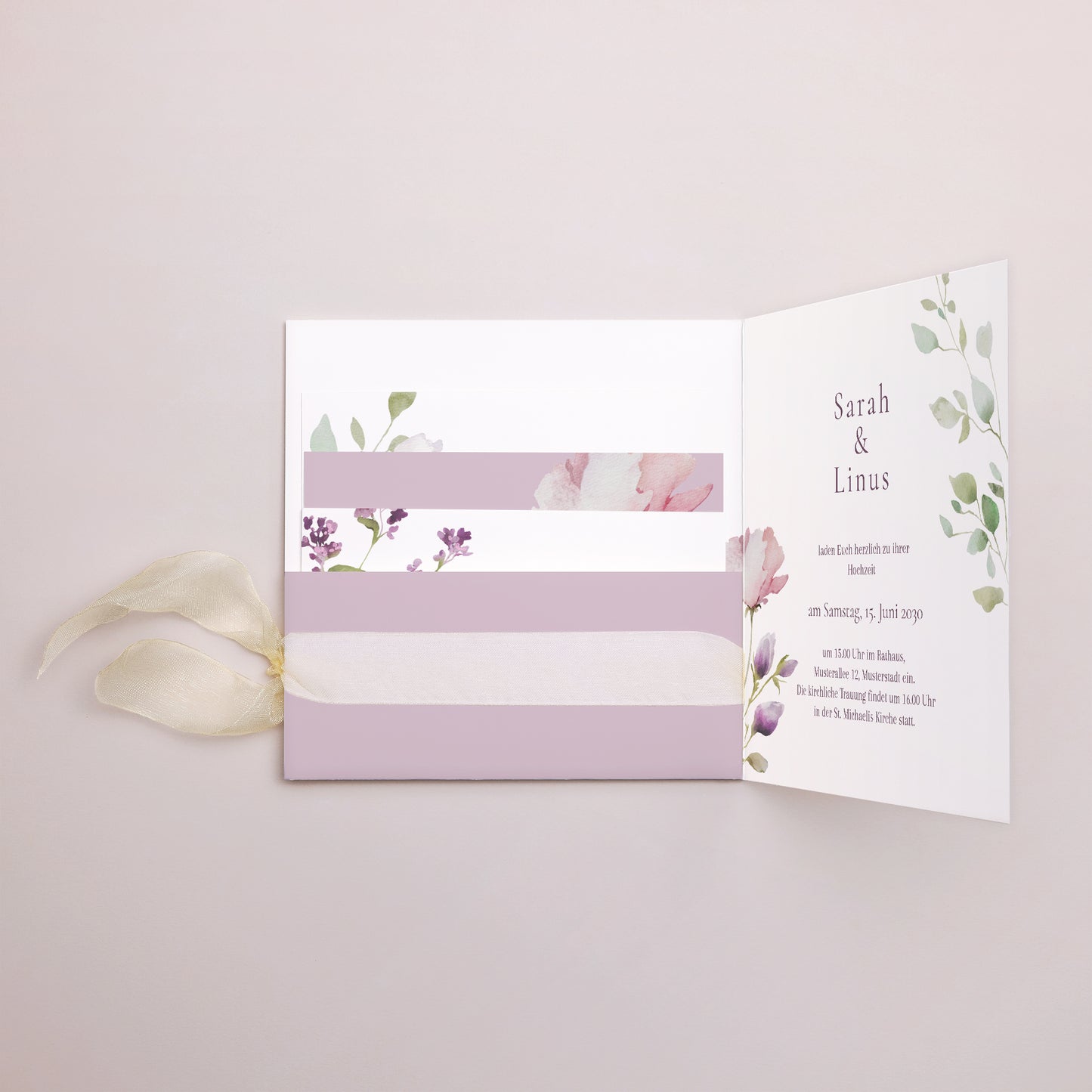 Hochzeitseinladung Quadratische Hülle, 3 Karten, Etikett Romantic purple flowers foto N° 2