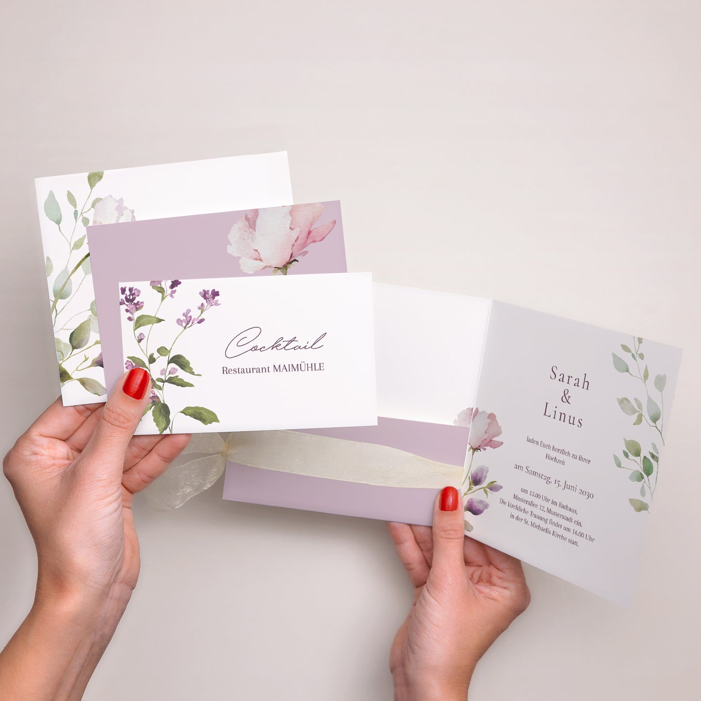 Hochzeitseinladung Quadratische Hülle, 3 Karten, Etikett Romantic purple flowers foto N° 3