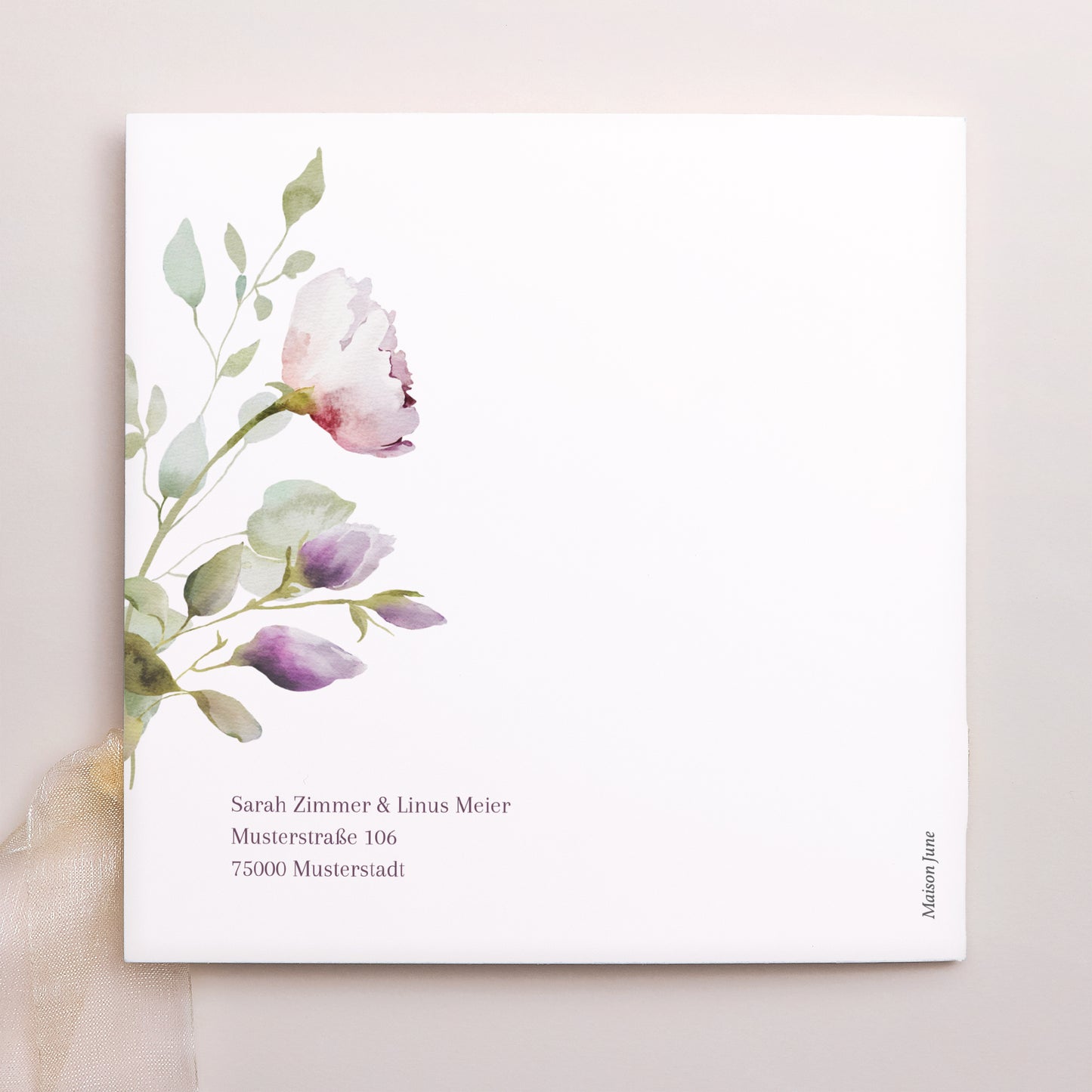 Hochzeitseinladung Quadratische Hülle, 3 Karten, Etikett Romantic purple flowers foto N° 4