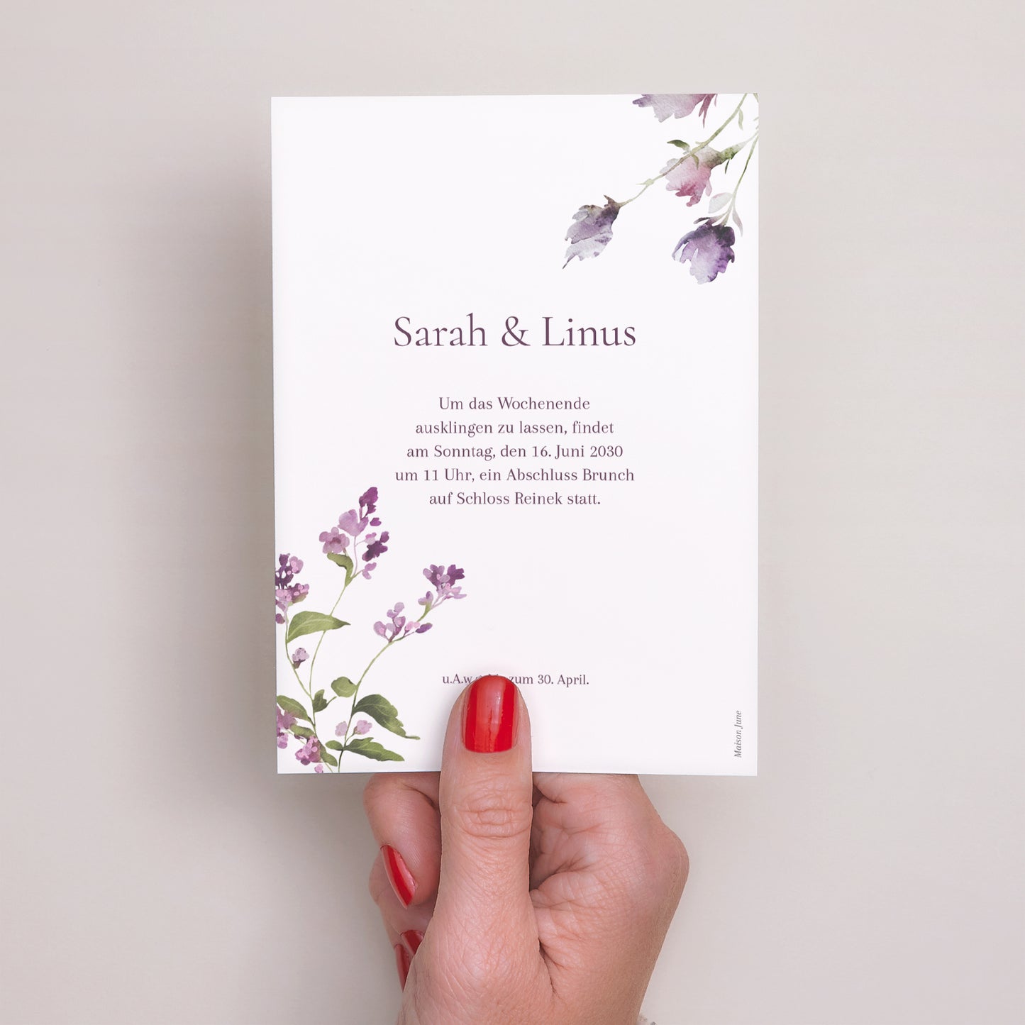 Einladungskarte Hochzeit Porträt Romantic purple flowers foto N° 3