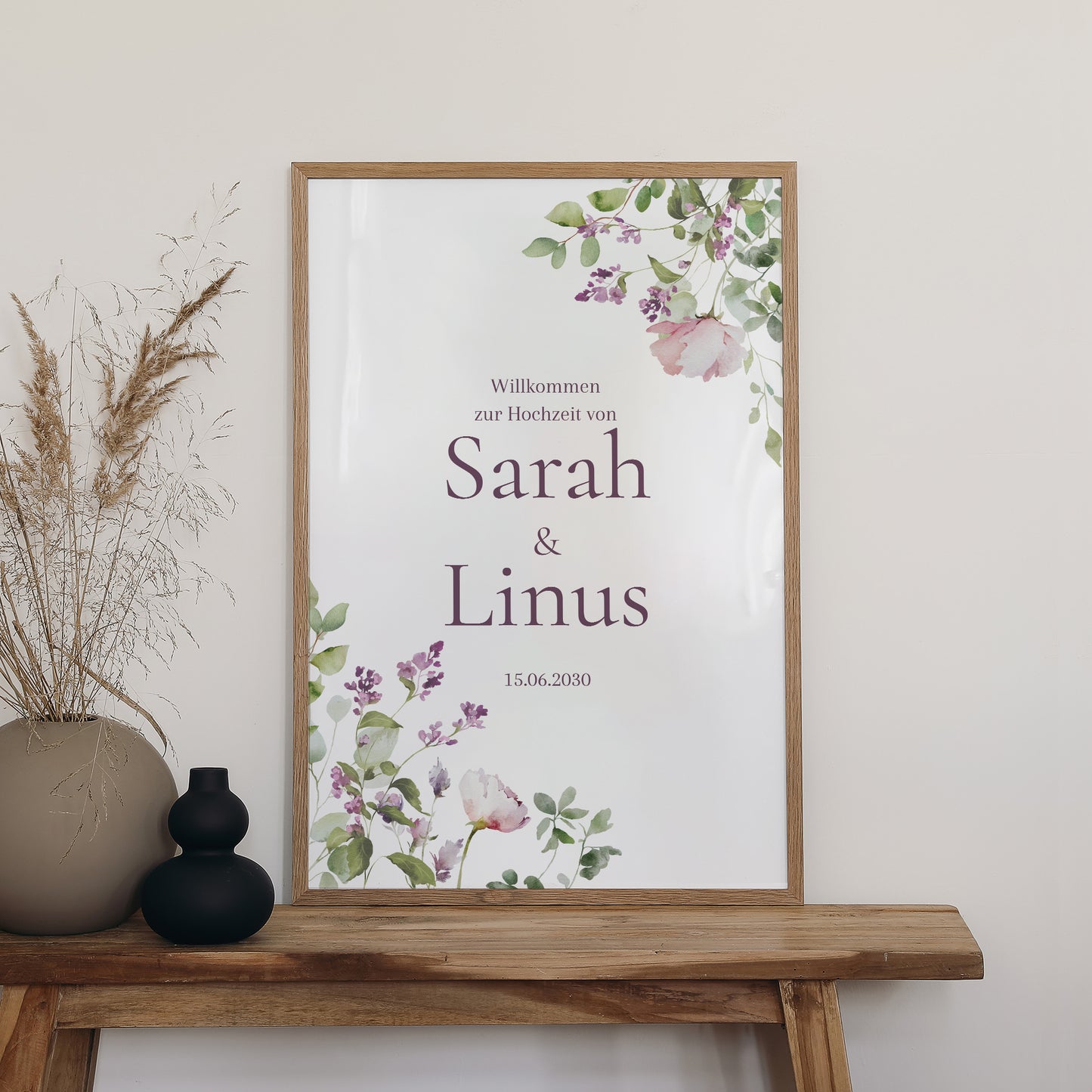 Begrüßungstafel Hochzeit Porträt 60 x 90 cm Romantic purple flowers foto N° 2