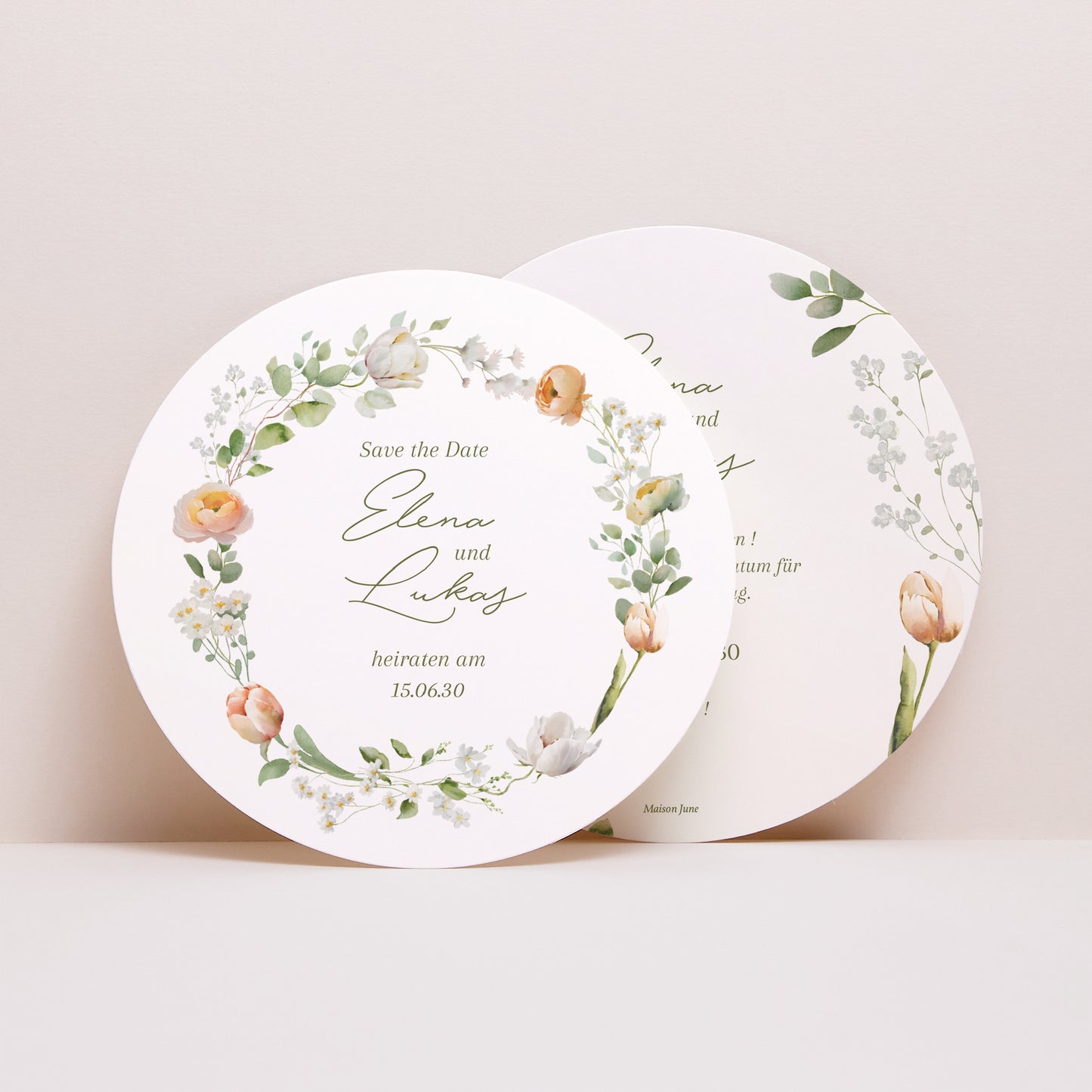 Save the date Karte Hochzeit Rund Romantischer Blumenkranz foto N° 1