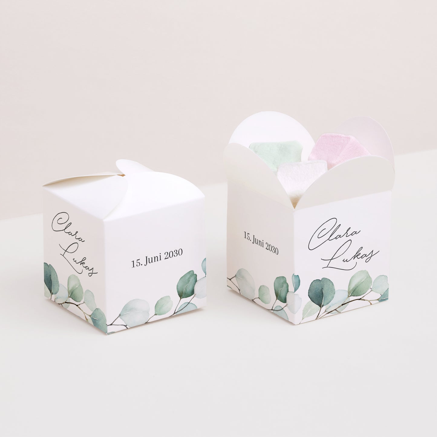 Geschenkbox Hochzeit Schmetterlingsöffnung Eukalyptusblätter foto N° 2