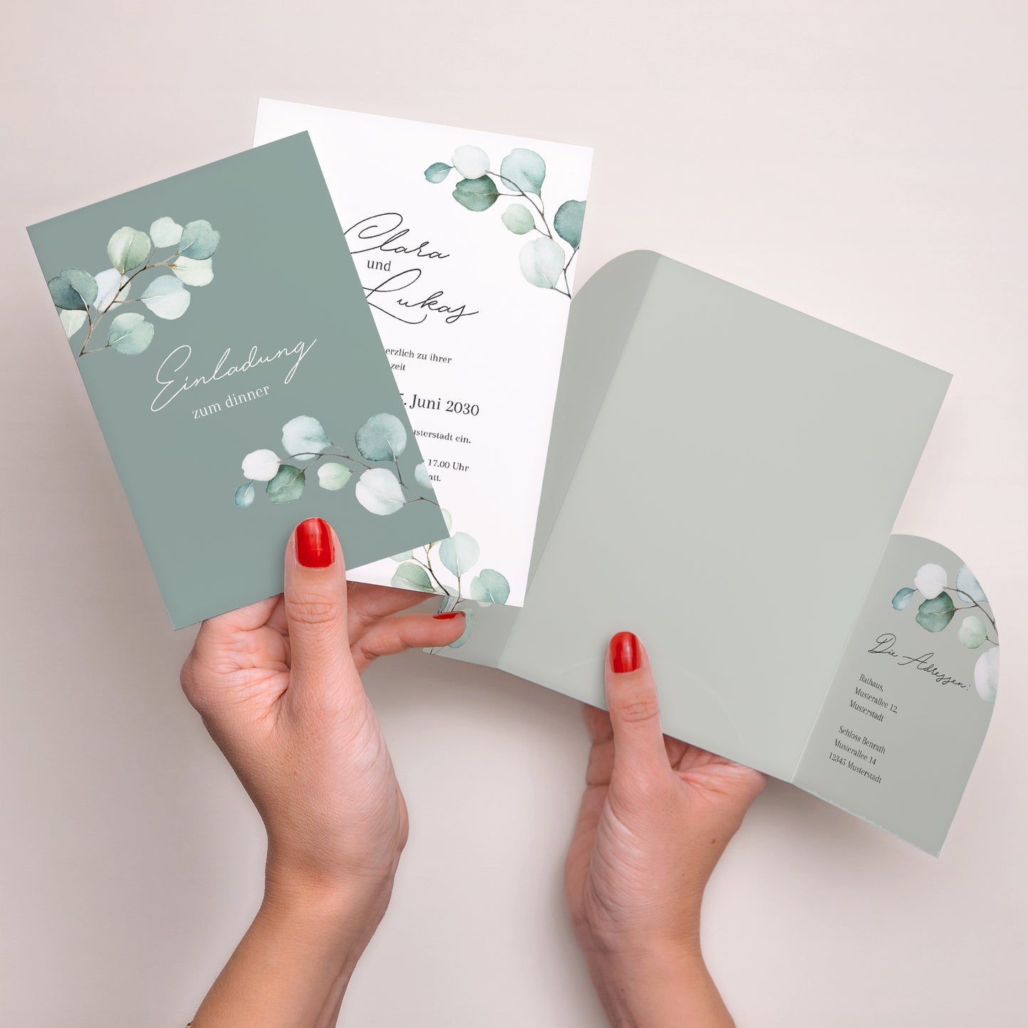 Hochzeitseinladung Hülle für 2 Karten Eukalyptusblätter foto N° 4