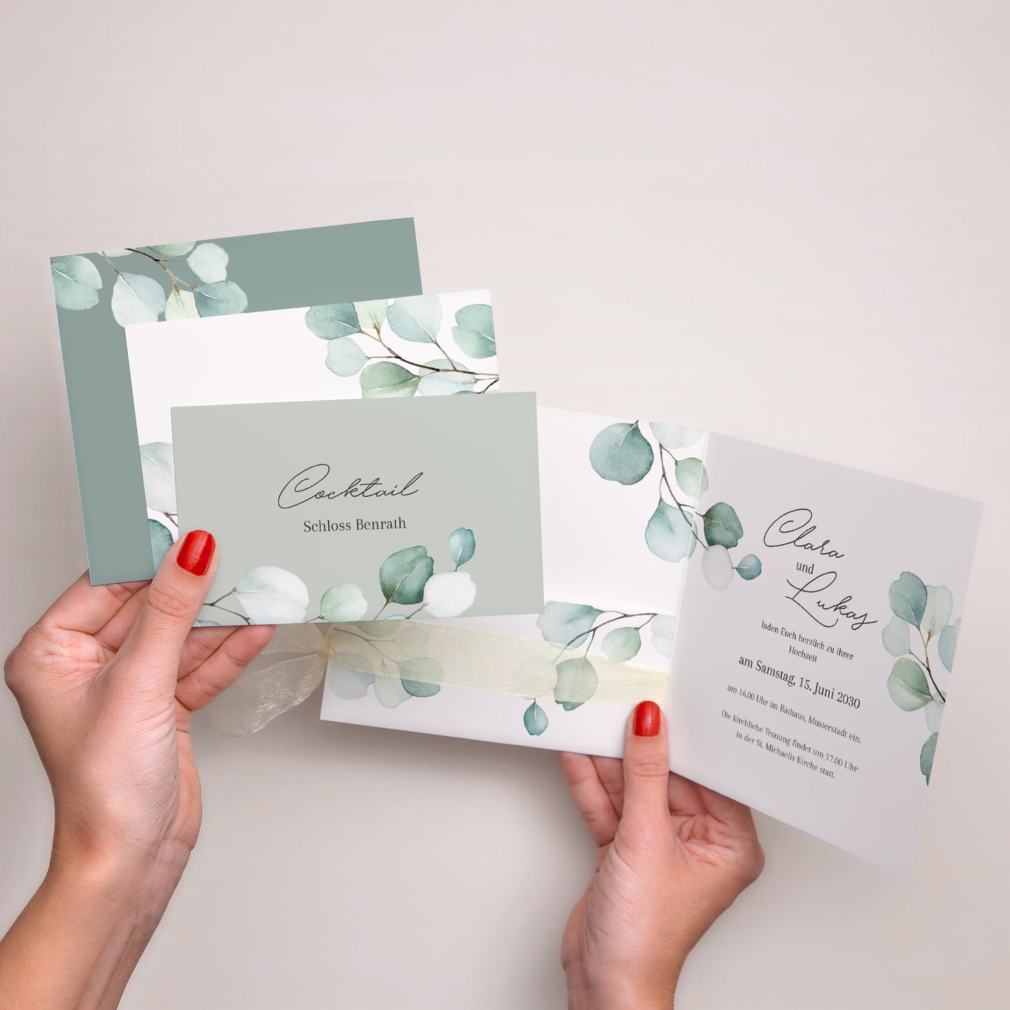 Hochzeitseinladung Quadratische Hülle, 3 Karten, Etikett Eukalyptusblätter foto N° 3