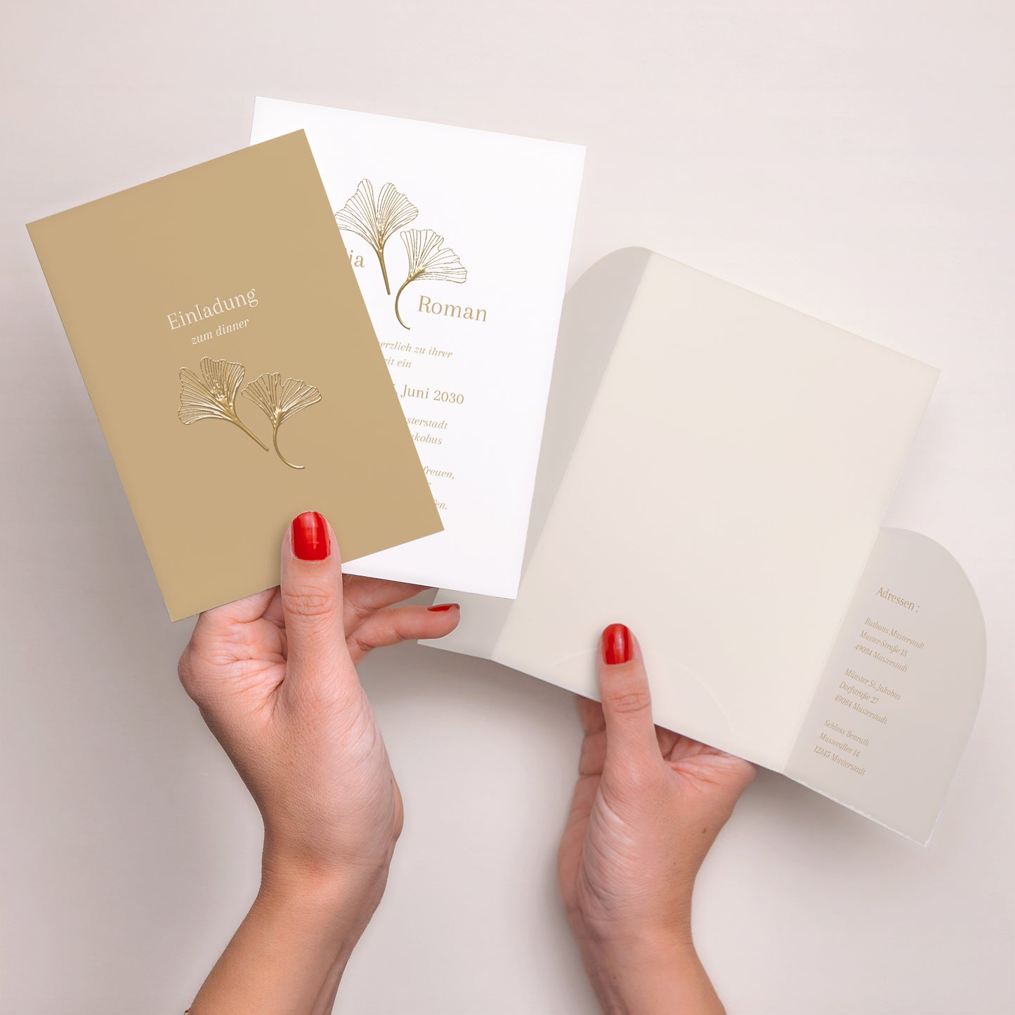 Hochzeitseinladung Hülle für 2 Karten Ginkgo biloba golden foto N° 4