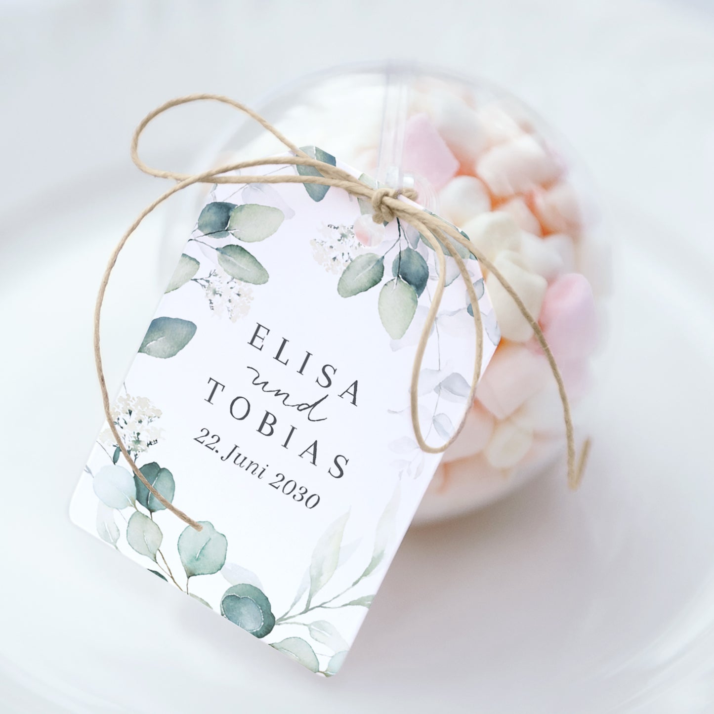 Geschenkbox Hochzeit Ball mit Wimpel-Etikett Eukalyptus Aquarell foto N° 1
