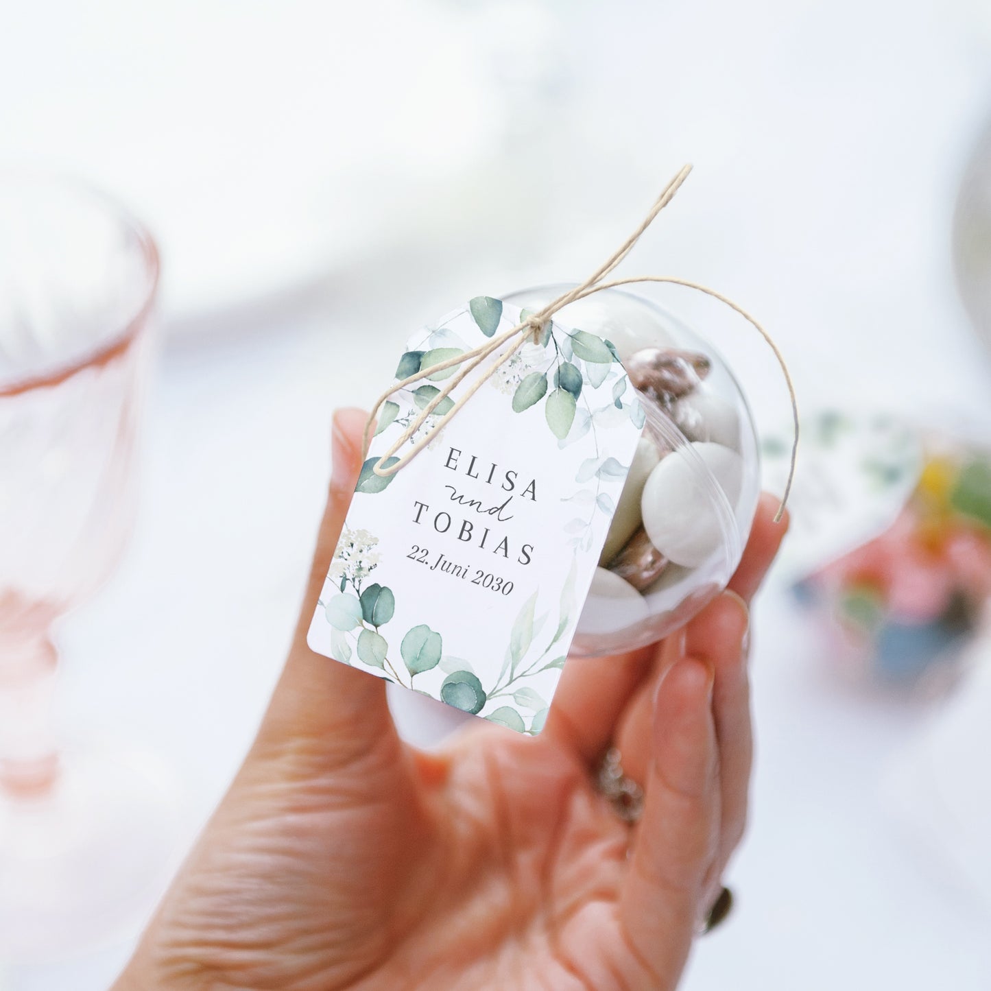 Geschenkbox Hochzeit Ball mit Wimpel-Etikett Eukalyptus Aquarell foto N° 3