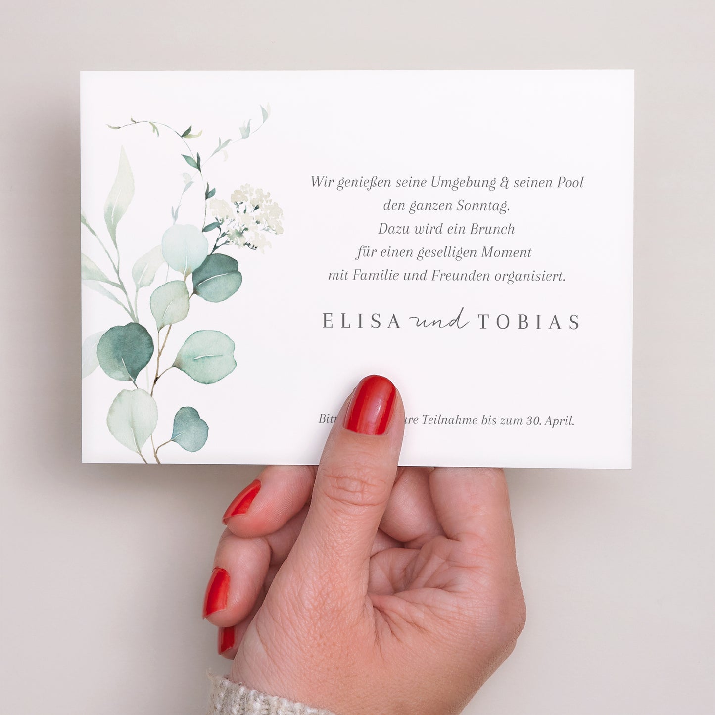 Einladungskarte Hochzeit Landschaft Eukalyptus Aquarell foto N° 3