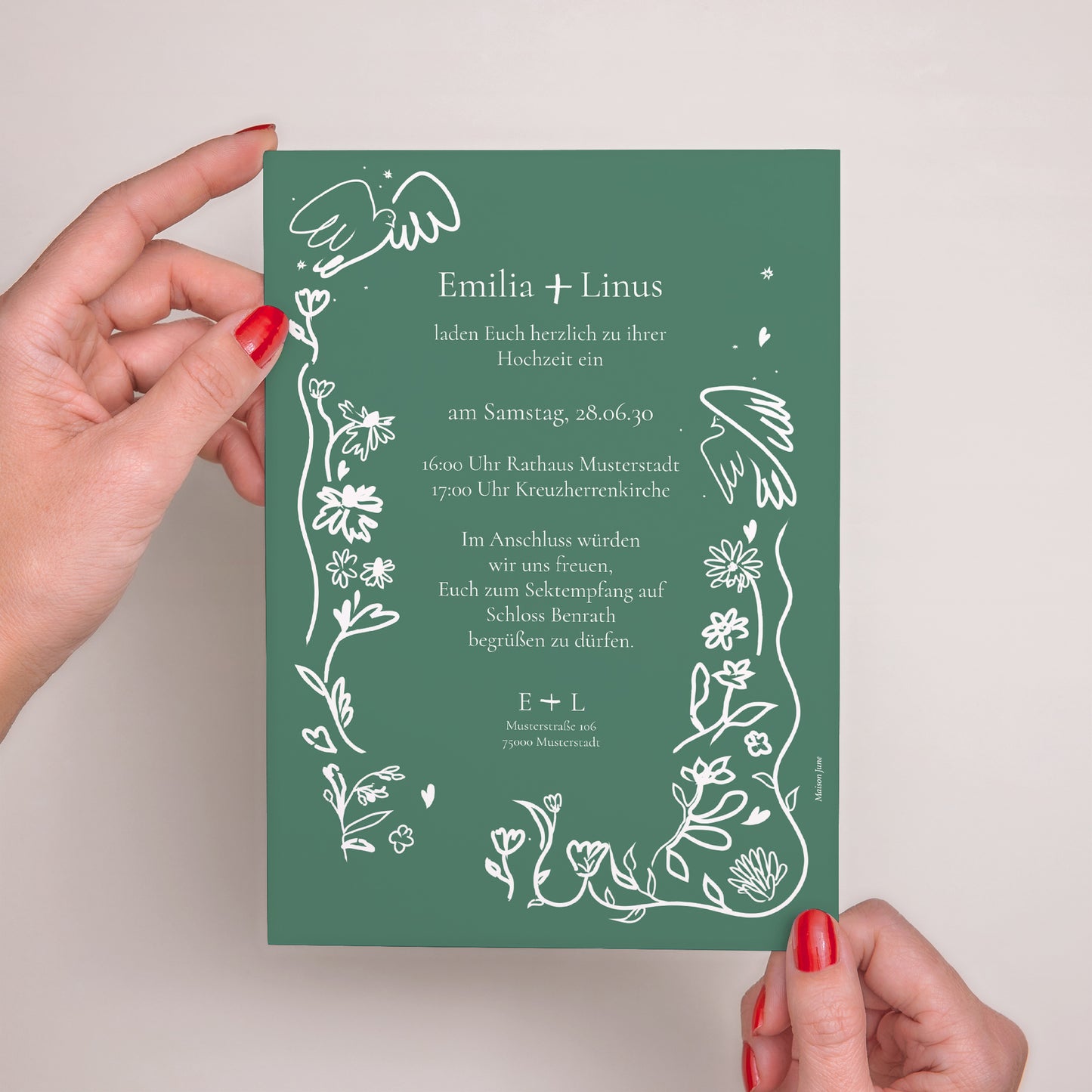 Hochzeitseinladung Porträt Goldene Liebeszeichnungen foto N° 3