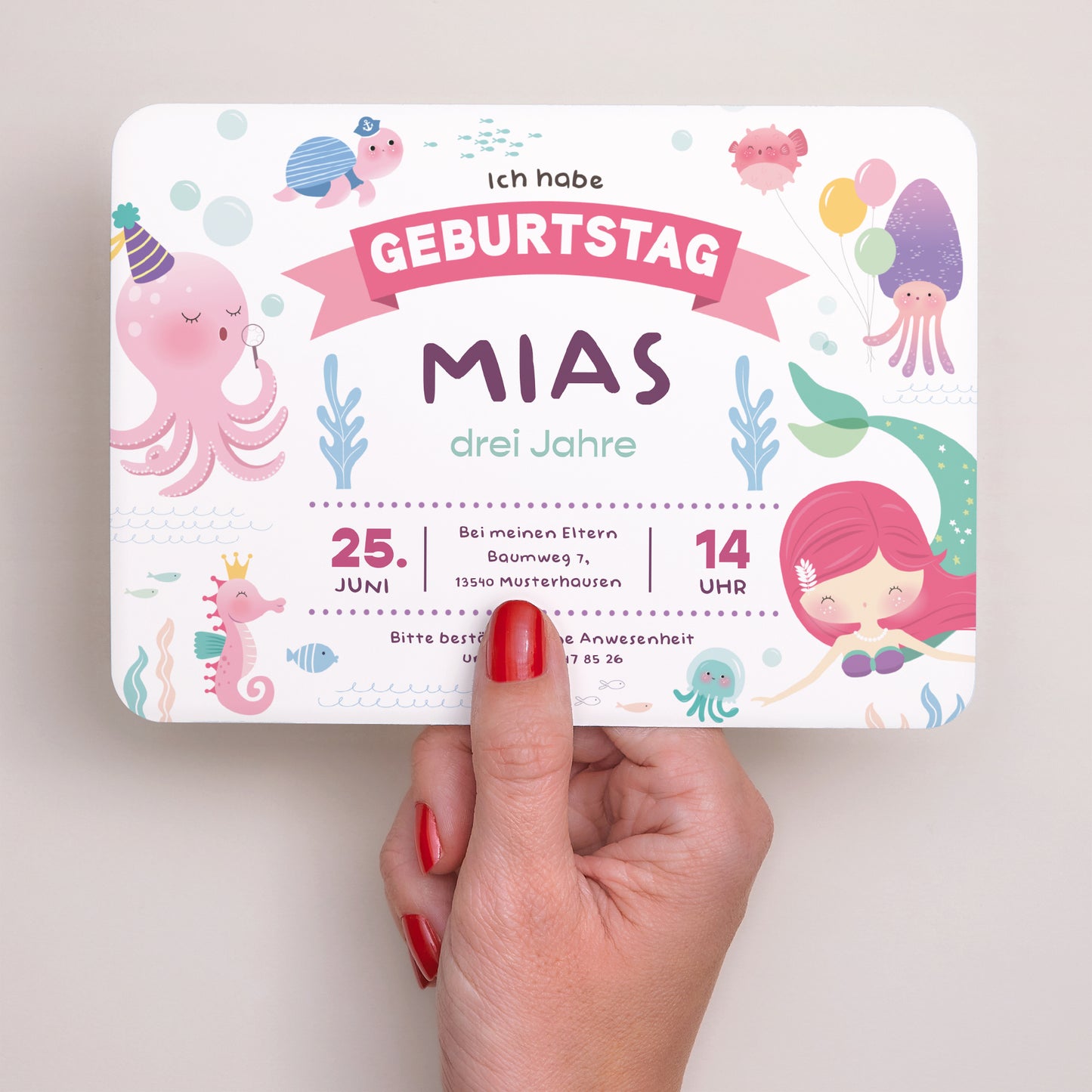 Einladungskarte Kindergeburtstag Landschaft, abgerundete Ränder Die kleine Meerjungfrau foto N° 3